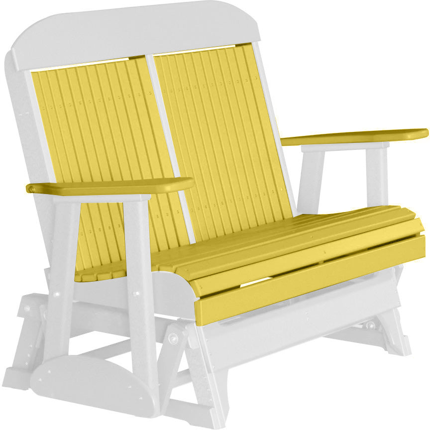 LuxCraft 4FT Yellow Recycled Plastic Highback Outdoor Glider Bench with Cup Holder - Durable Patio Furniture for Garden, Porch & Backyard Relaxation