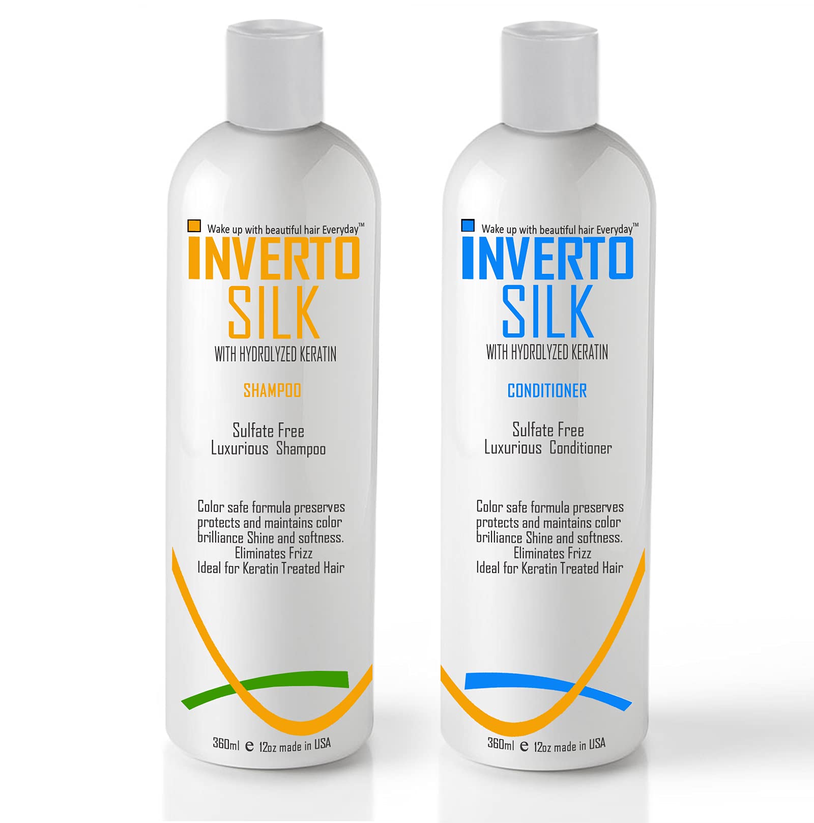 INVERTO SILK Keratin Shampoo & Conditioner Set - Sulfate Free for Frizzy, Damaged & Color Treated Hair - 2 x 360ml Bottles - Protects Hair Color & Reduces Frizz - Perfect for Daily Hair Care & Salon-Quality Results at Home