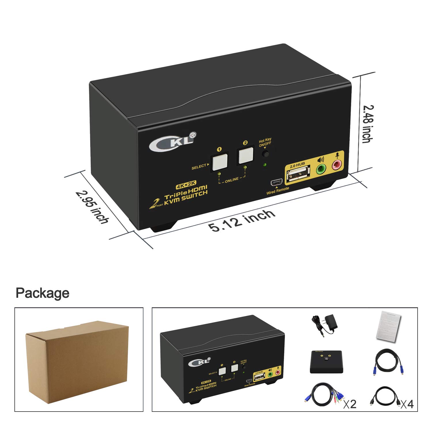 CKL 2-Port HDMI KVM Switch with USB Hub - Triple Monitor Support, 4K@30Hz, Audio & Keyboard/Mouse Sharing - Ideal for Multi-PC Workstations, Gaming Setups & Office Desktops (Model CKL-923HUA)