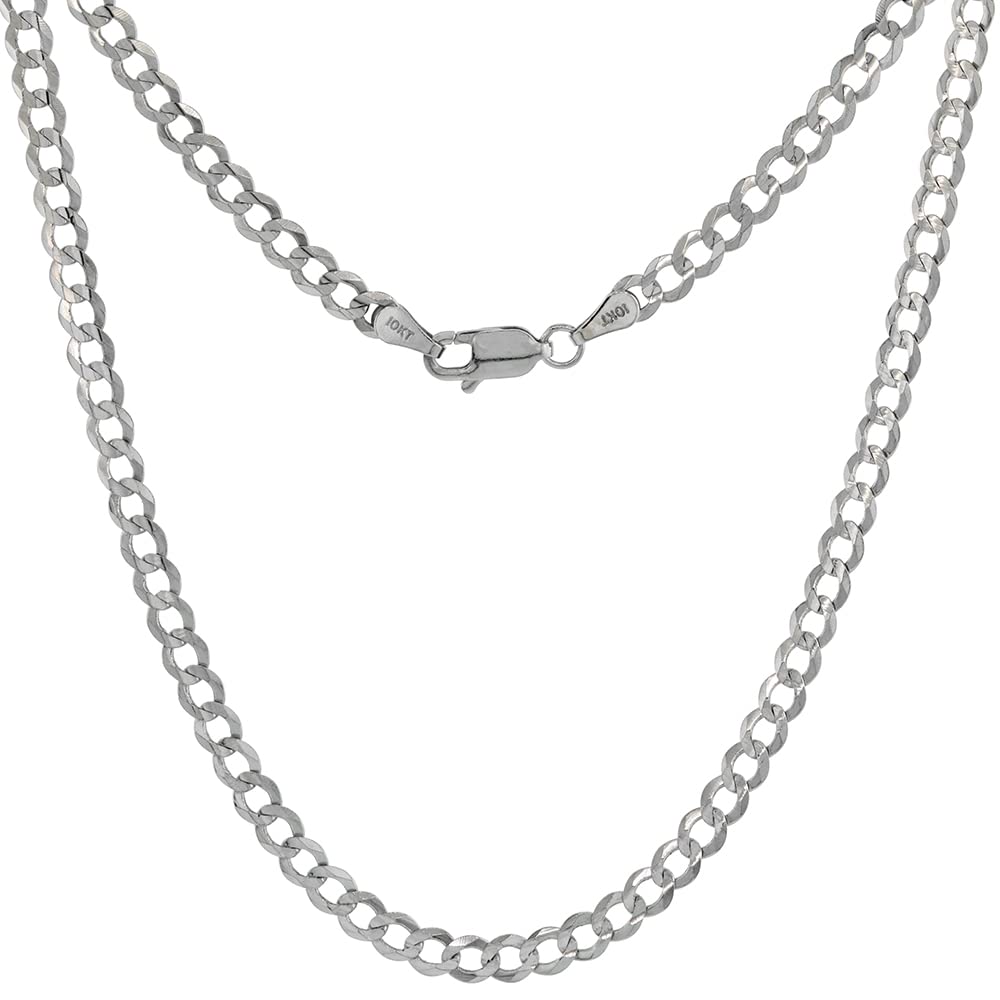 10K White Gold 4mm Curb Link Chain Necklace & Bracelet Set for Men and Women - Concave Beveled Edges, Adjustable 7-30 Inches - Perfect for Gifts, Weddings, Anniversaries and Everyday Wear