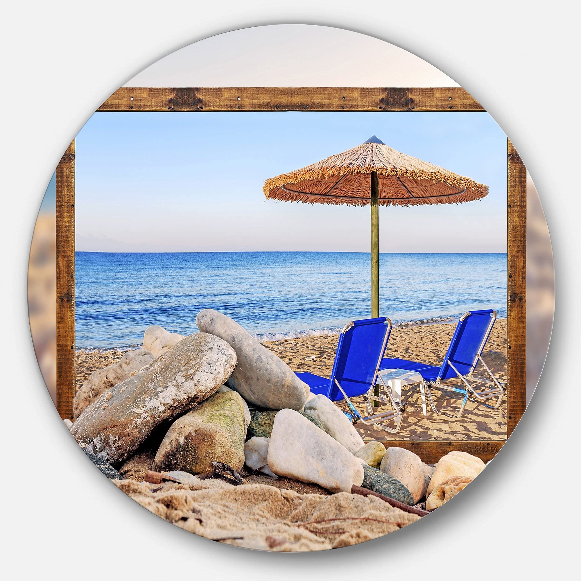 Designart 'Framed Beach with Chairs & Umbrella' Coastal Metal Wall Decor - 29 Inch Round Seascape Art for Living Room, Bedroom & Office