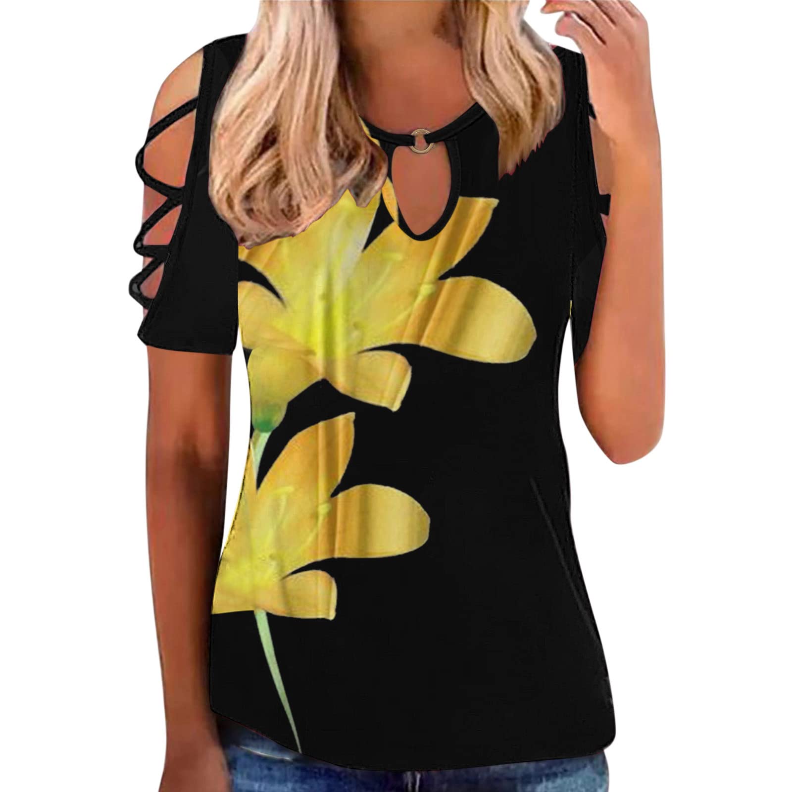 Women's Hollow Out Short Sleeve T-Shirt - Crewneck Cold Shoulder Casual Top | Loose Comfortable Summer Tee for Beach, Party & Everyday Wear