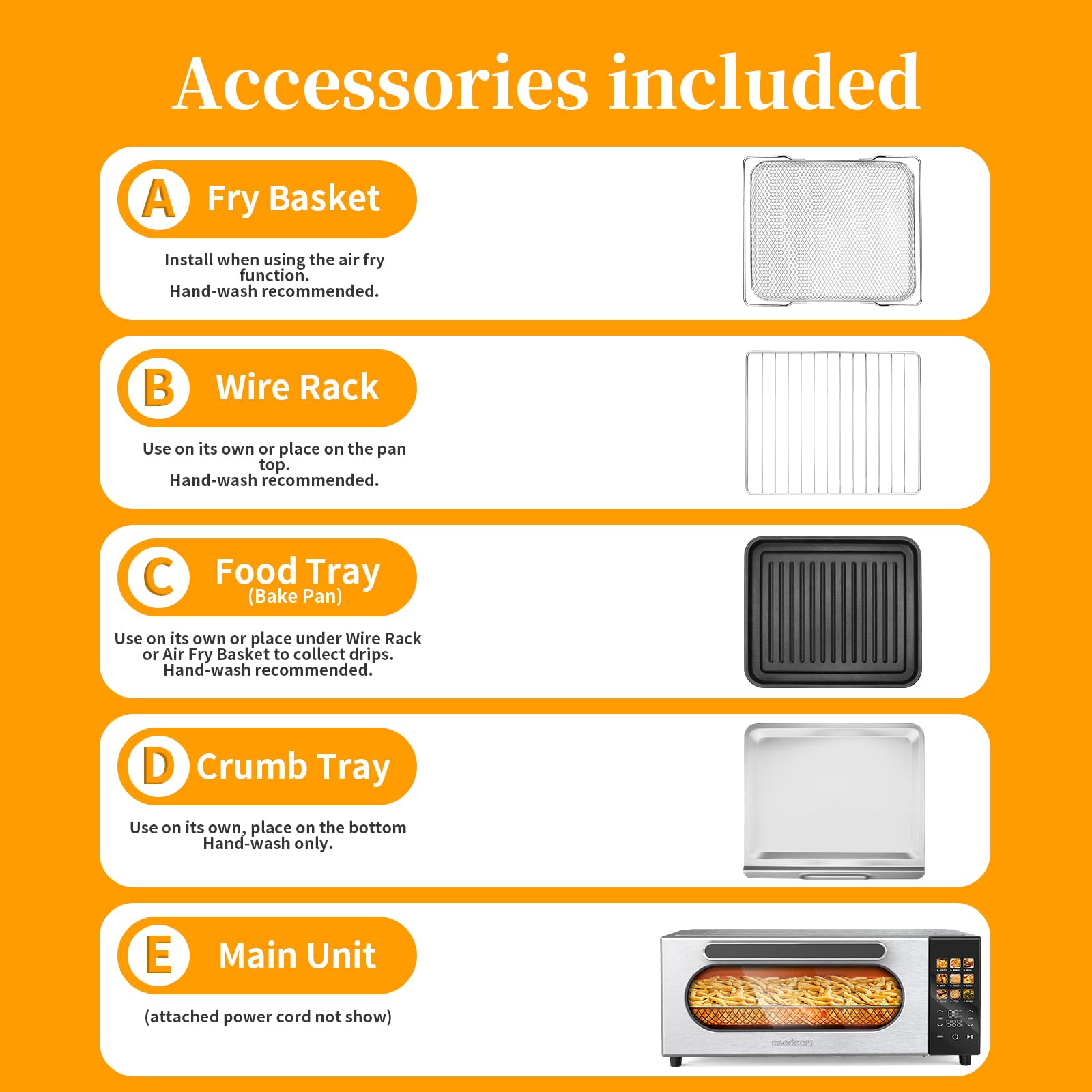 SEEDEEM 10-in-1 Air Fryer Toaster Oven with Convection - 15L Capacity, LCD Touch Screen, 1800W - Bake, Roast, Toast, Dehydrate - Includes 4 Accessories (Silver) | Perfect for Small Kitchens, Dorms & RV Cooking