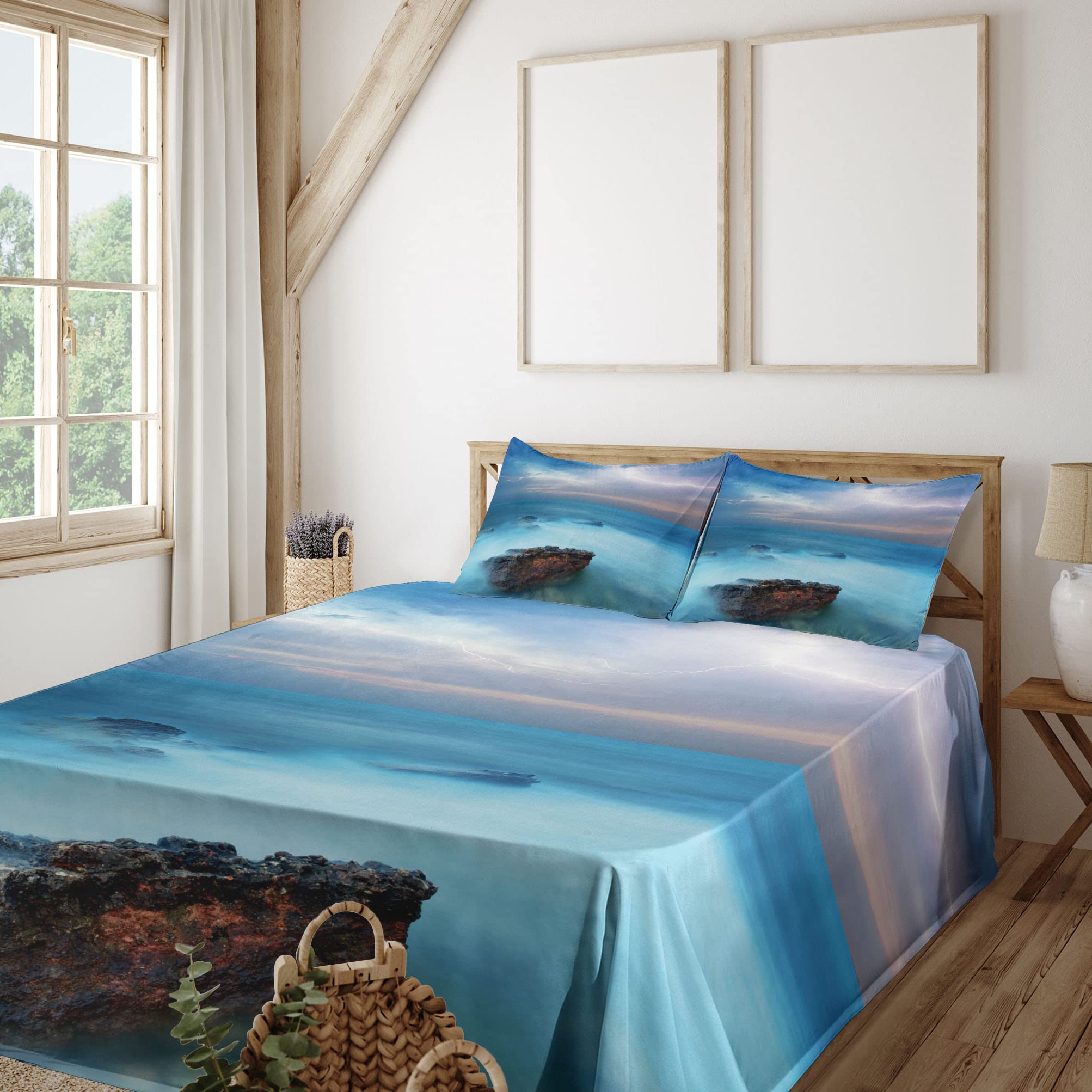 Ambesonne Tropical Ocean & Storm Epic Scenery 4-Piece King Size Bed Sheet Set - Fitted Sheet, Flat Sheet & 2 Pillowcases - Turquoise Coastal Themed Bedding for Beach House, Guest Room & Vacation Home Decor