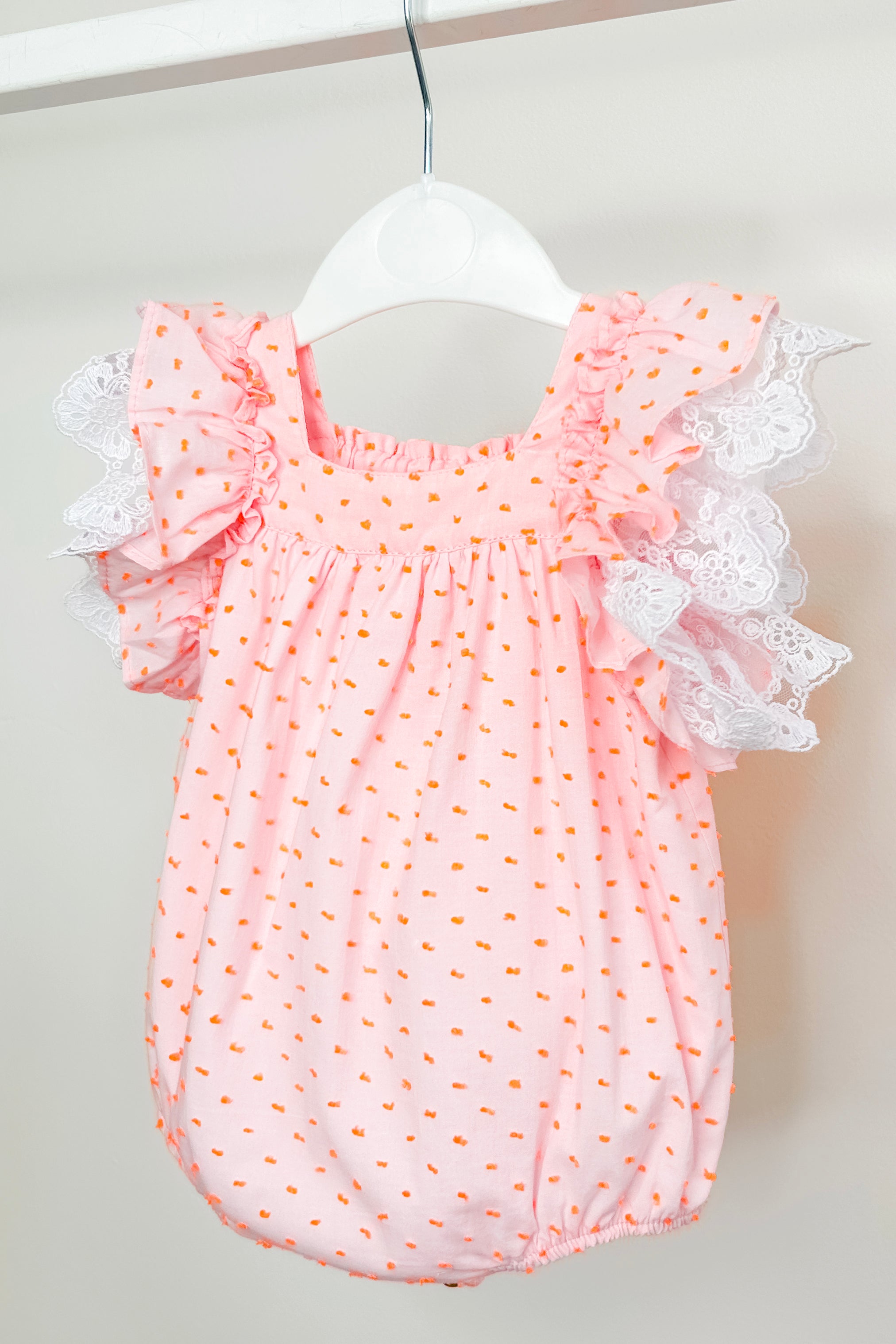 Lilya Pink & Neon Orange Polka Dot Bow Romper - Stylish Summer Jumpsuit for Women, Beach Outfit, Party Wear, Casual Day Dress