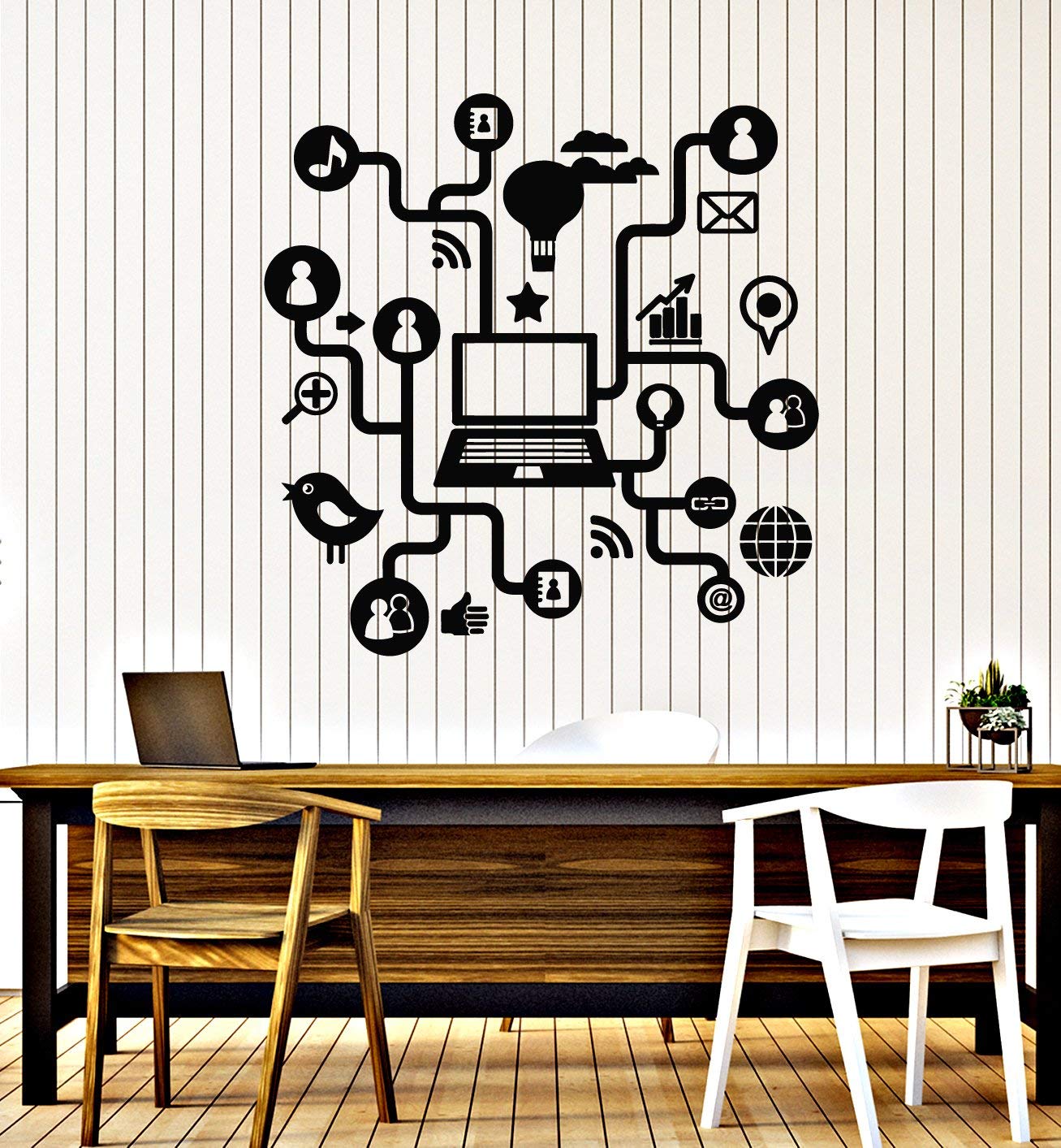 Black Vinyl Wall Decal Laptop Computer Internet Social Networks Communication Sticker Mural - Large Home Office Decor for Tech Enthusiasts
