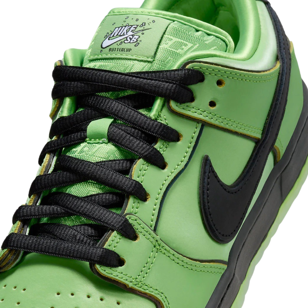 Nike SB Dunk Low Pro QS Powerpuff Girls Buttercup Sneakers - Mean Green, Black Lotus & Pink Colorway - Perfect for Skateboarding, Streetwear & Cartoon Fans Collection