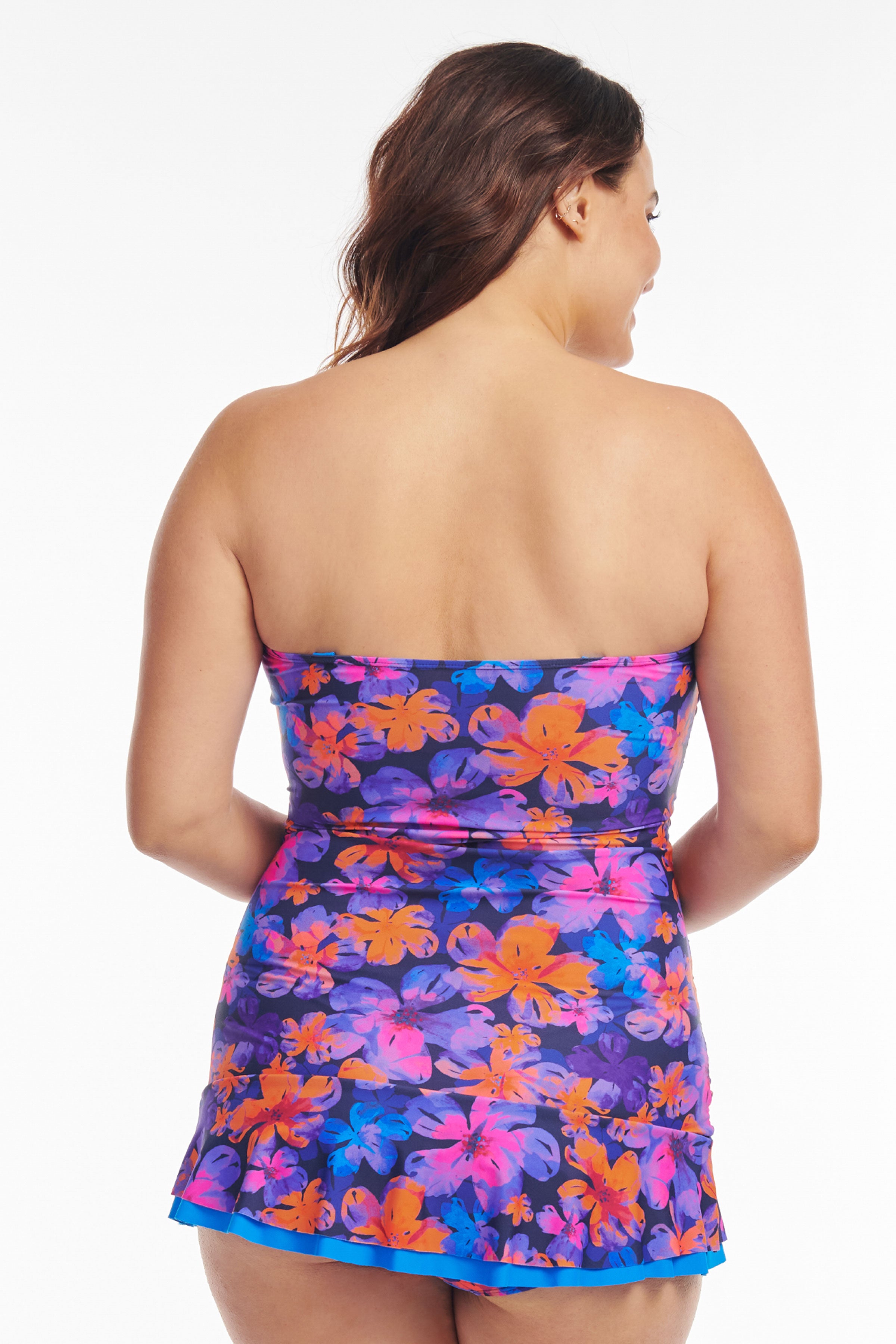 Plus Size Shirred One Piece Skater Swimdress in Iridescent Blooms - Flattering Swimwear for Women, Beach Vacation & Pool Party Outfit