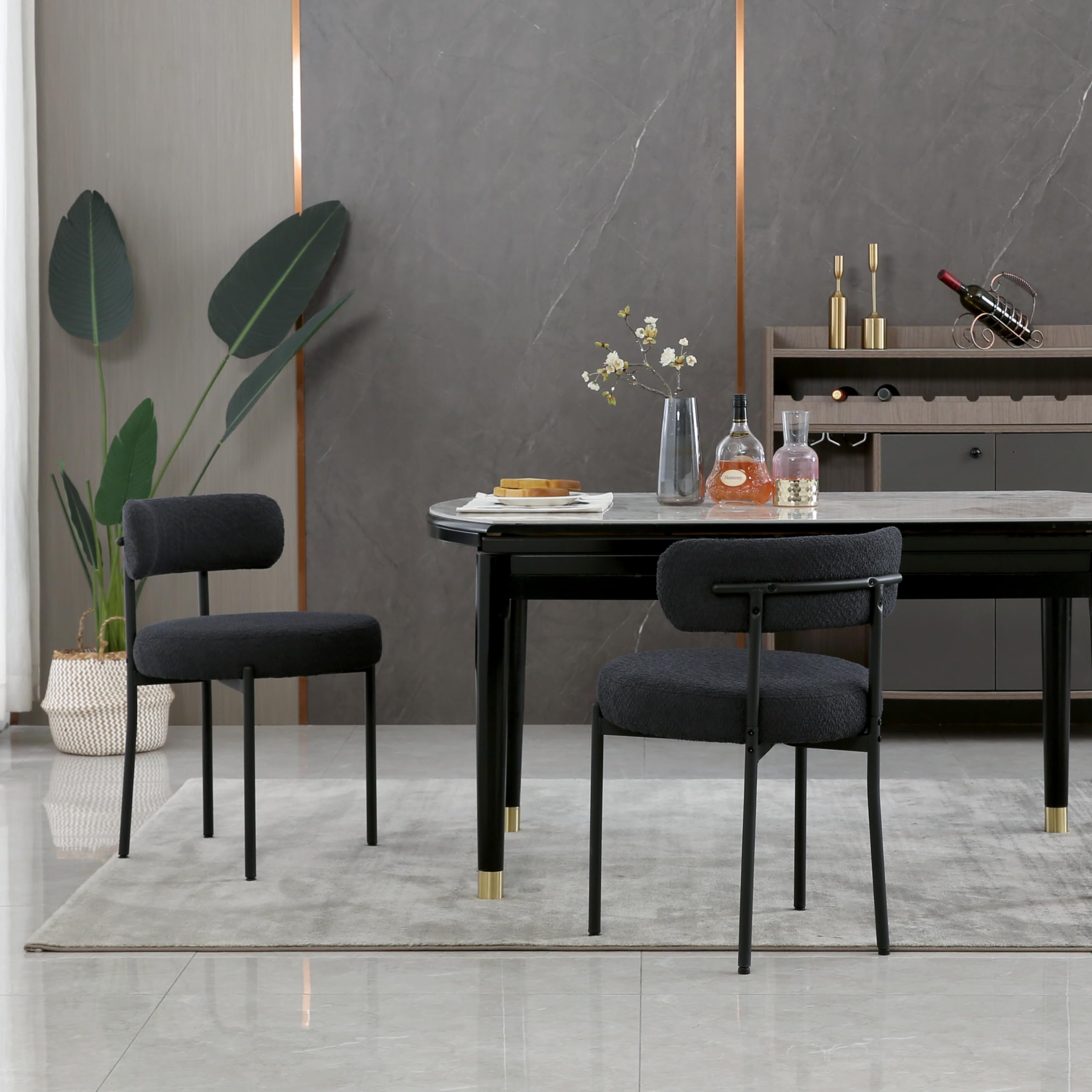 Black Dining Chairs Set of 2 - Round Upholstered Boucle Mid-Century Modern Kitchen Chairs with Curved Backrest & Metal Legs - Perfect for Dining Room, Kitchen Island & Small Space Decor
