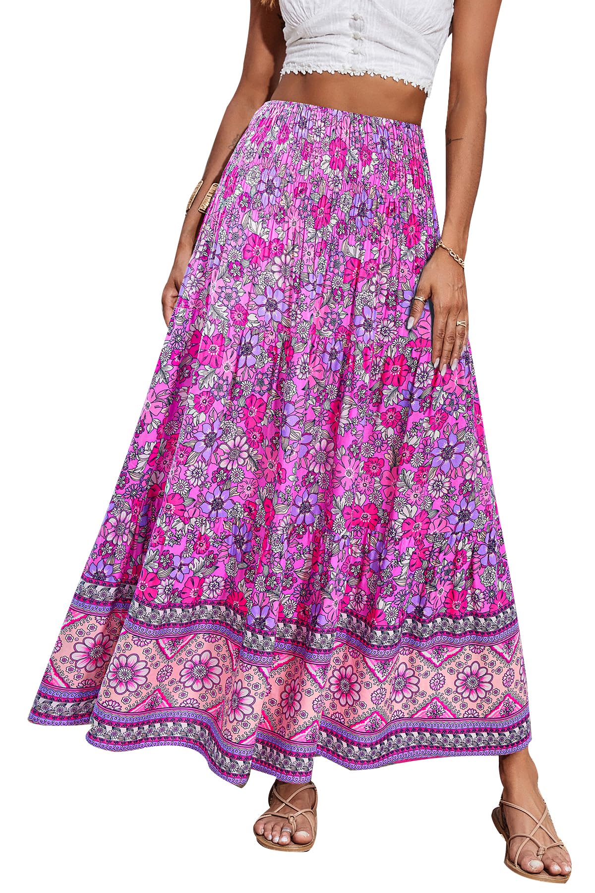 CFLONGE Women's 2025 Bohemian Long Maxi Skirts - Flowy High Waist A-Line Summer Skirt with Pleated Details | Perfect for Beach, Vacation, Music Festivals and Casual Outfits