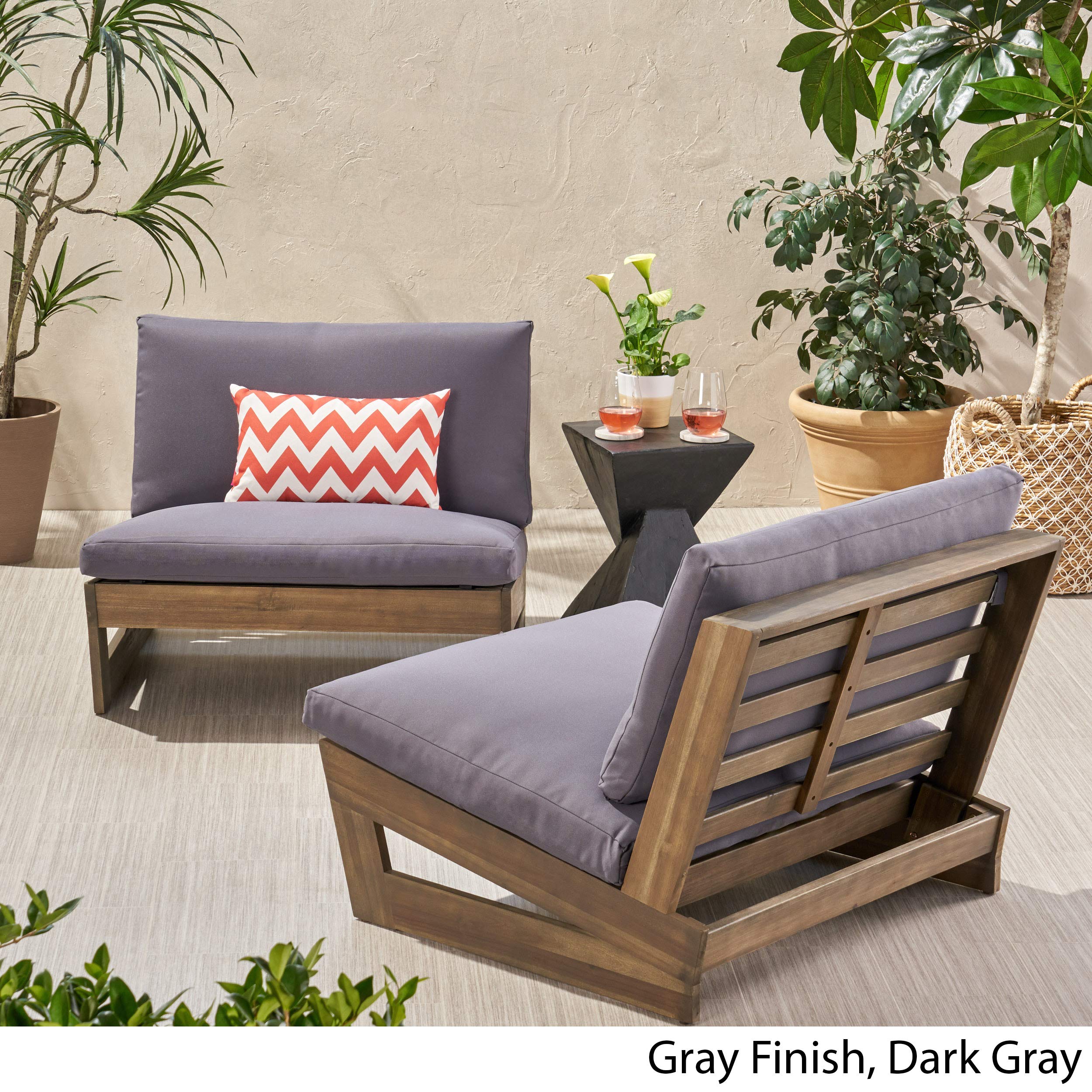 Premium Acacia Wood Outdoor Club Chairs with Cushions (Set of 2) - Gray & Dark Gray - Patio, Garden, Poolside Lounge Furniture for Backyard & Deck