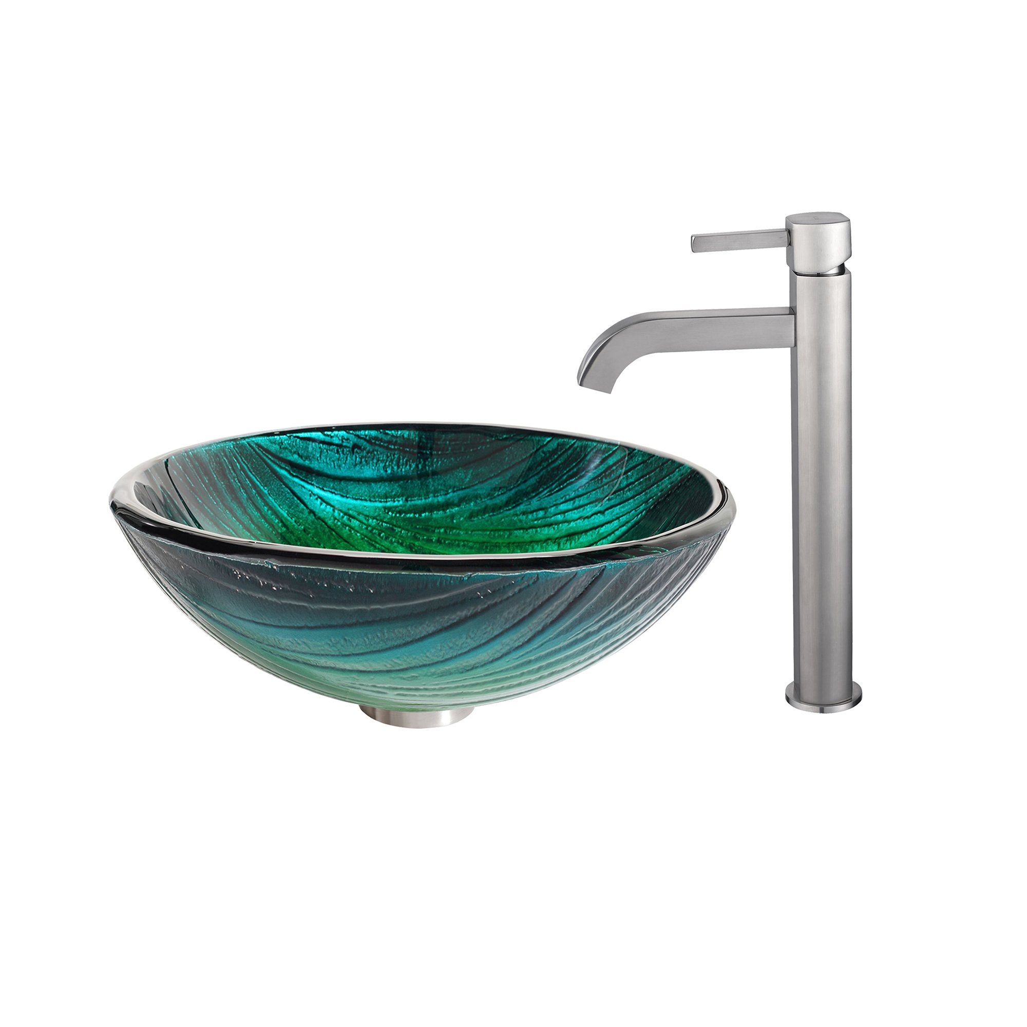 Kraus Nei Glass Vessel Bathroom Sink with Ramus Single Hole Faucet in Satin Nickel Finish - Modern Vanity Sink for Powder Room, Guest Bath or Master Bathroom