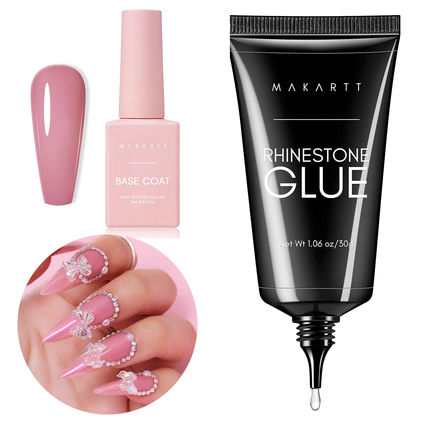 Makartt Professional Nail Rhinestone Glue & Gel Polish Set - Strong Adhesive for Nail Gems, Rubber Base Gel, Sheer Base Coat, Soak Off UV LED Gel - Perfect for Salon & DIY Manicures at Home