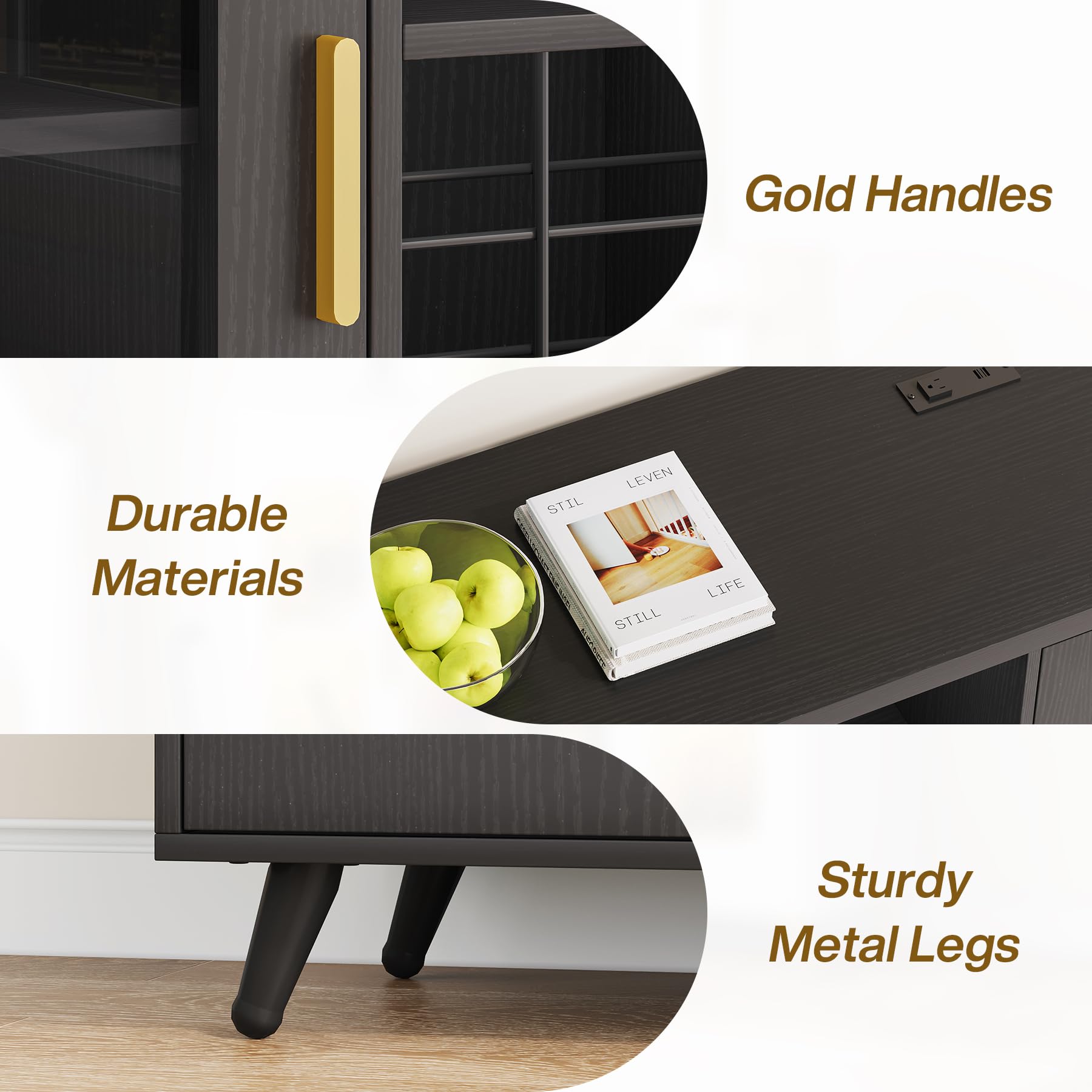 Modern Wine Bar Cabinet with LED Lights & Power Outlet - Coffee Liquor Cabinet with Wine Rack & Glass Holder - Buffet Sideboard for Dining Room, Living Room & Kitchen (Black) - Perfect for Home Entertaining & Stylish Storage