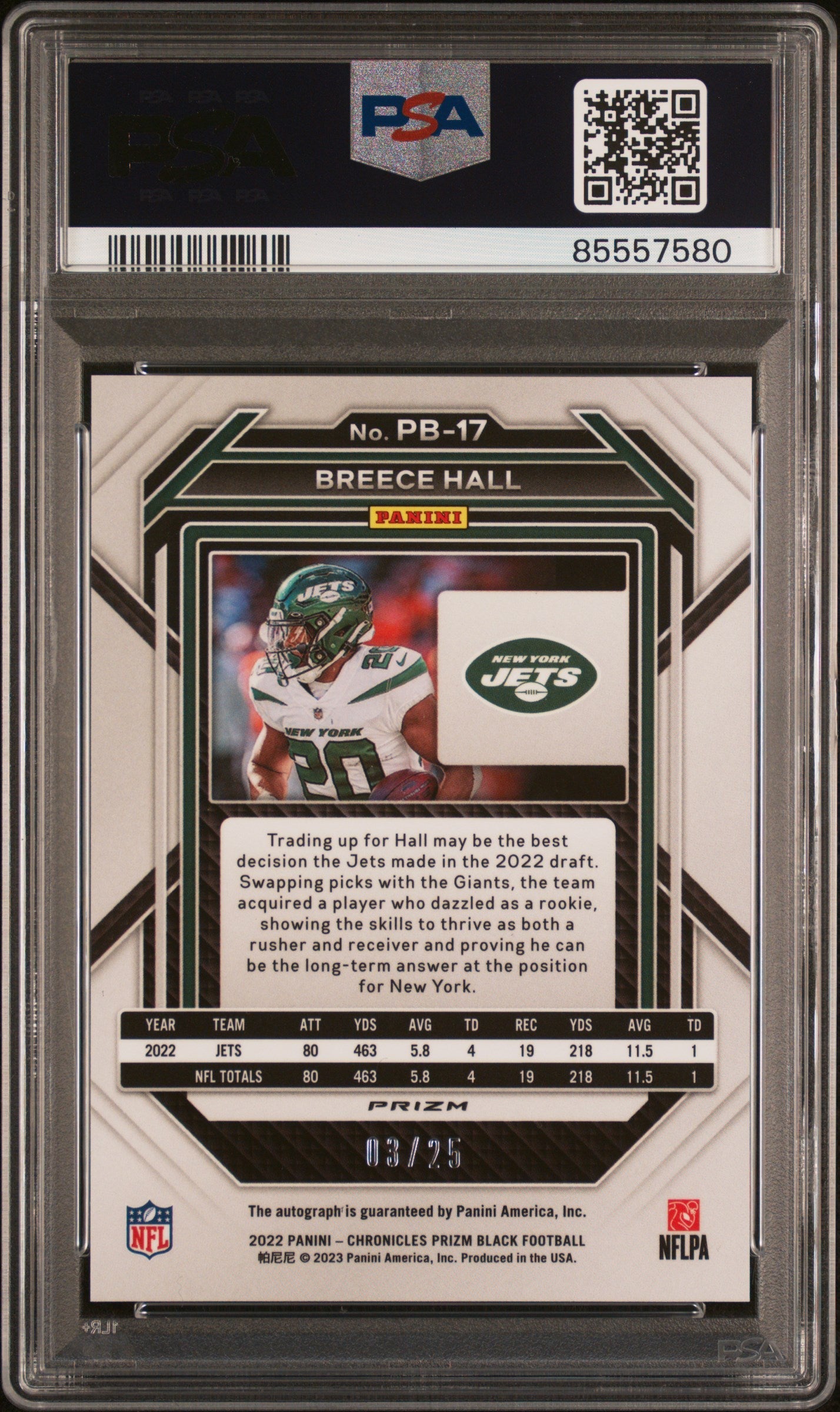 2022 Panini Chronicles Prizm Black Breece Hall RC Rookie Auto Patch Card PSA 10 Blue Parallel /25 - Football Collectible for Display & Investment