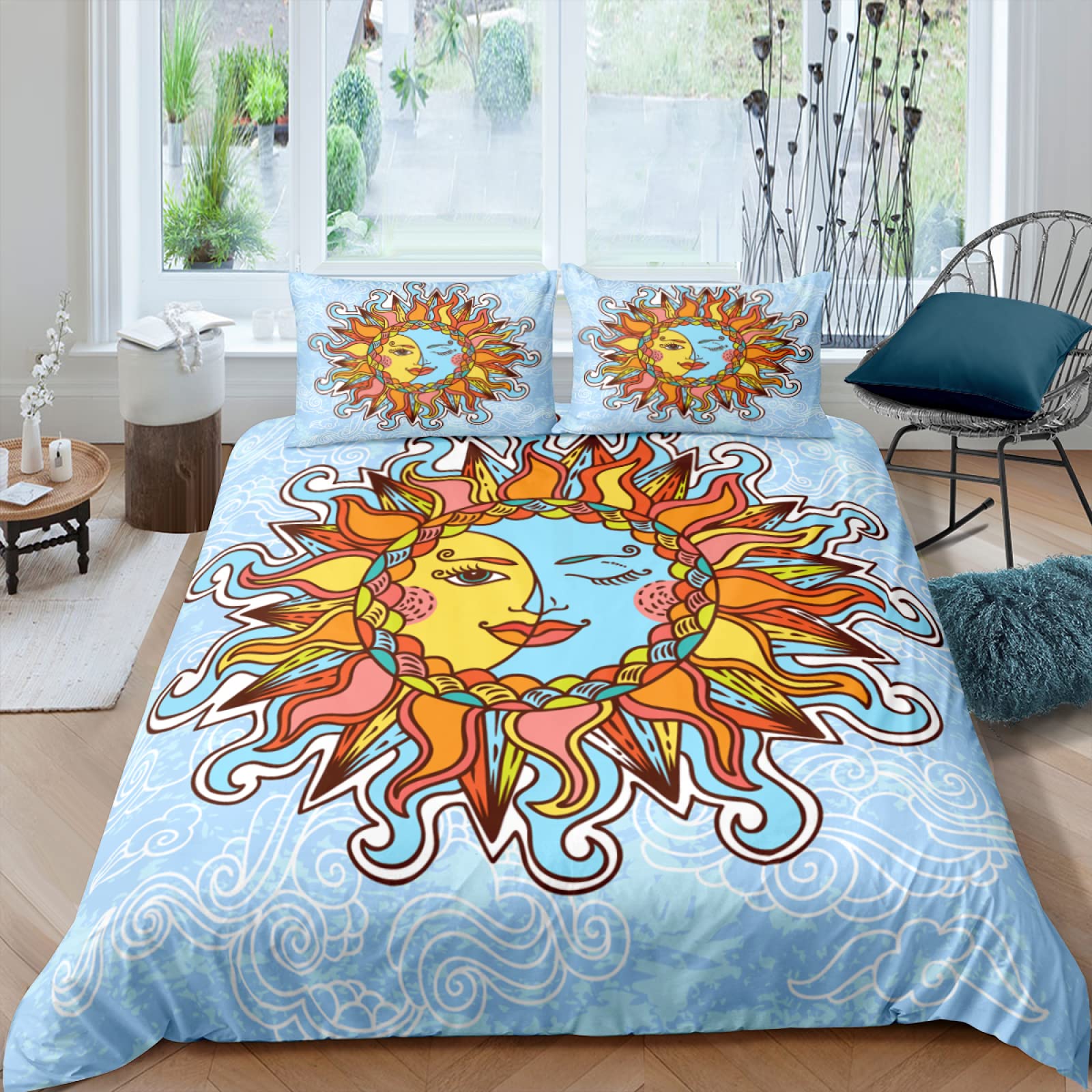 Queen Size Blue Sun & Moon Duvet Cover Set - Soft Breathable Microfiber Comforter Cover 90x90 Inches with Zipper Closure + 2 Pillow Shams 20x26 - Perfect for Adults & Kids Bedroom Decor, Guest Room & Cozy Sleep