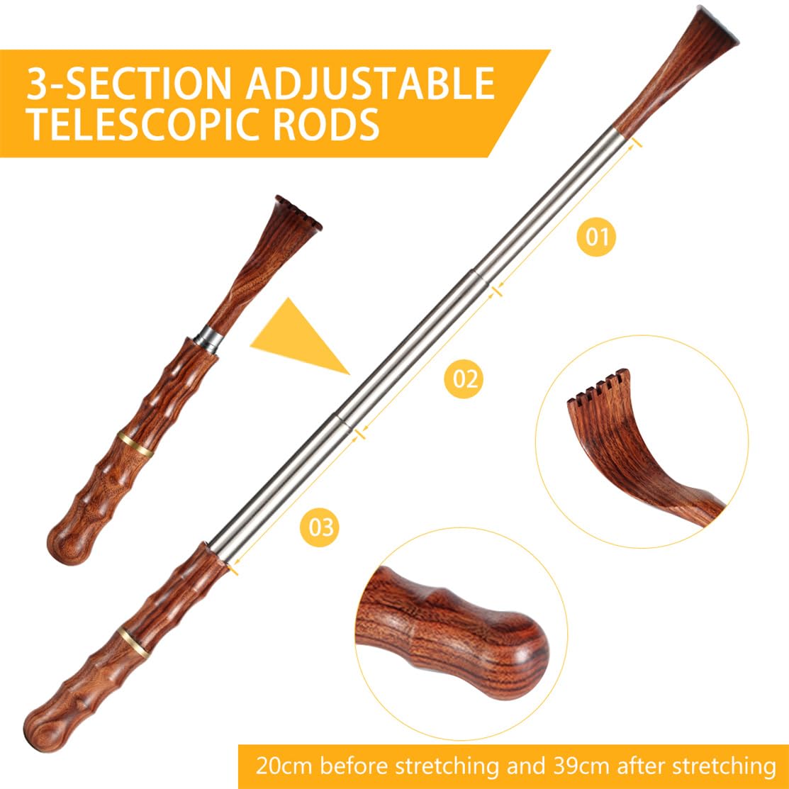 Portable Extendable Back Scratcher - Telescoping Bamboo Back Scratcher with Ergonomic Wooden Handle & Stainless Steel Massager Tool for Men & Women | Perfect for Home, Office & Travel Use