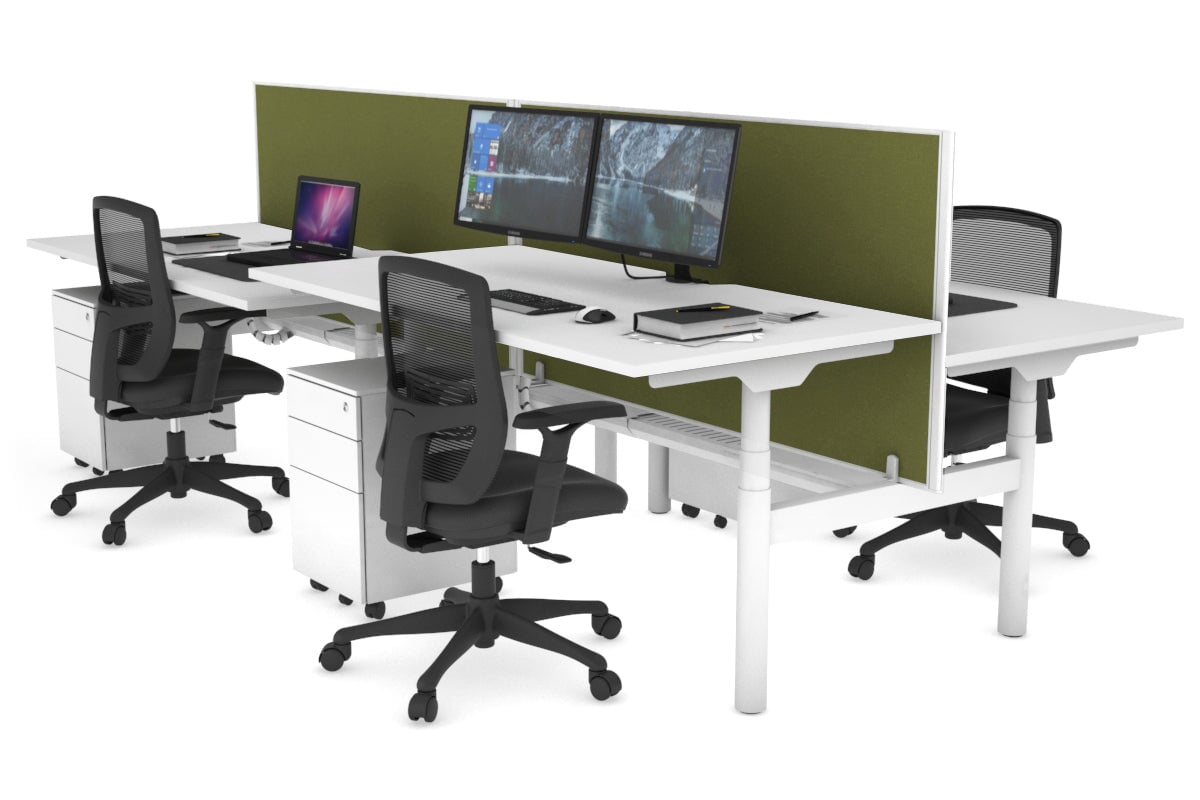 Flexi Premium Height Adjustable 4-Person H Bench Workstation - White Frame [1200L x 800W with Cable Management] - Ideal for Office, Coworking Spaces & Collaborative Work Environments