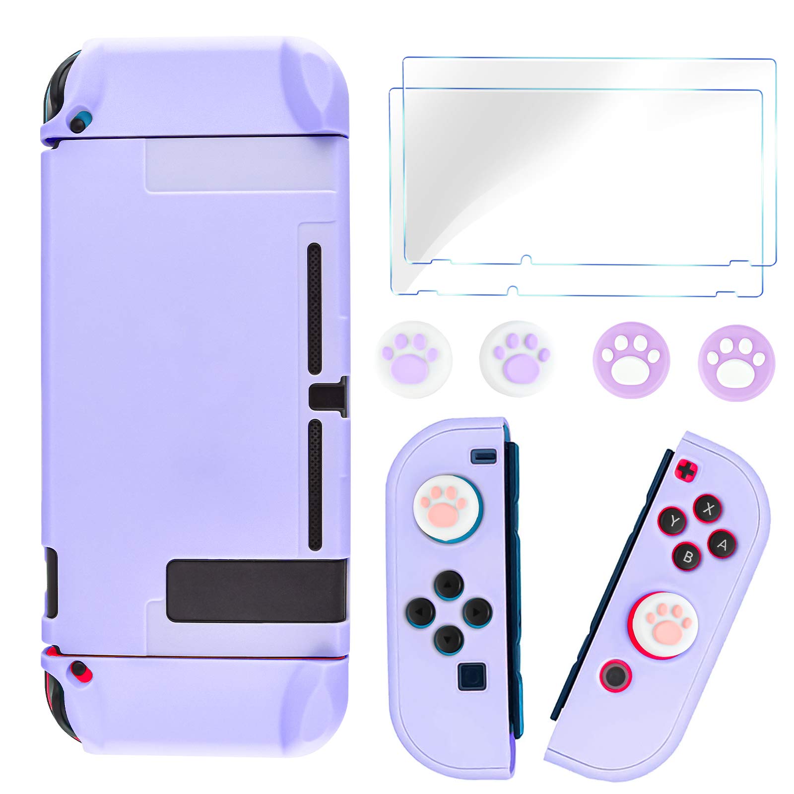 DLseego Shockproof Protective Case for Nintendo Switch - Anti-Scratch Cover with 2 Tempered Glass Screen Protectors & 6 Thumb Grips (Purple) | Perfect for Travel, Gaming On-The-Go and Switch Console Protection