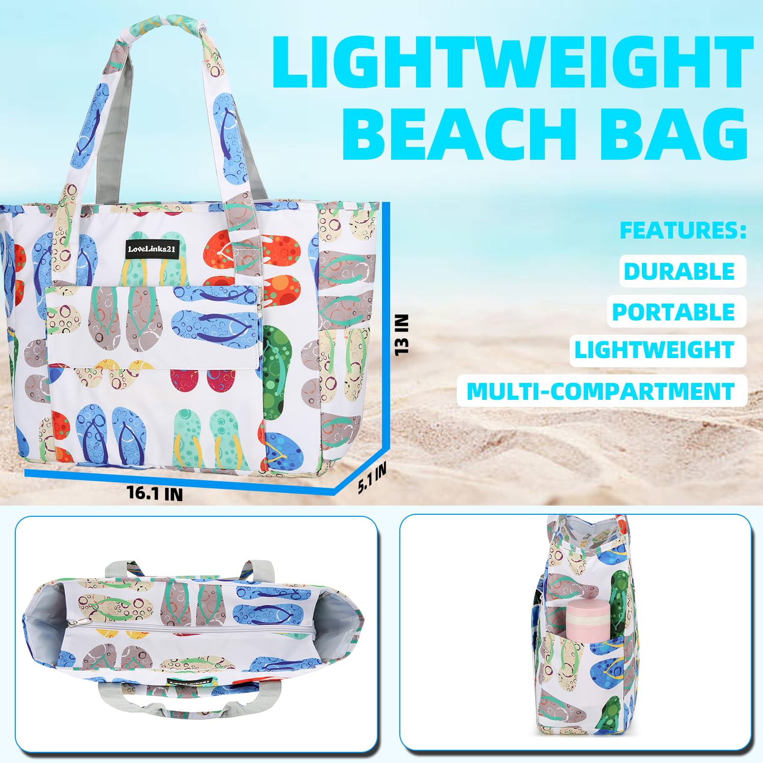 **Waterproof Sand-Resistant Women's Beach Tote Bag with Zipper - Gym, Grocery & Travel Essentials - Perfect for Pool, Beach & Outdoor Activities**