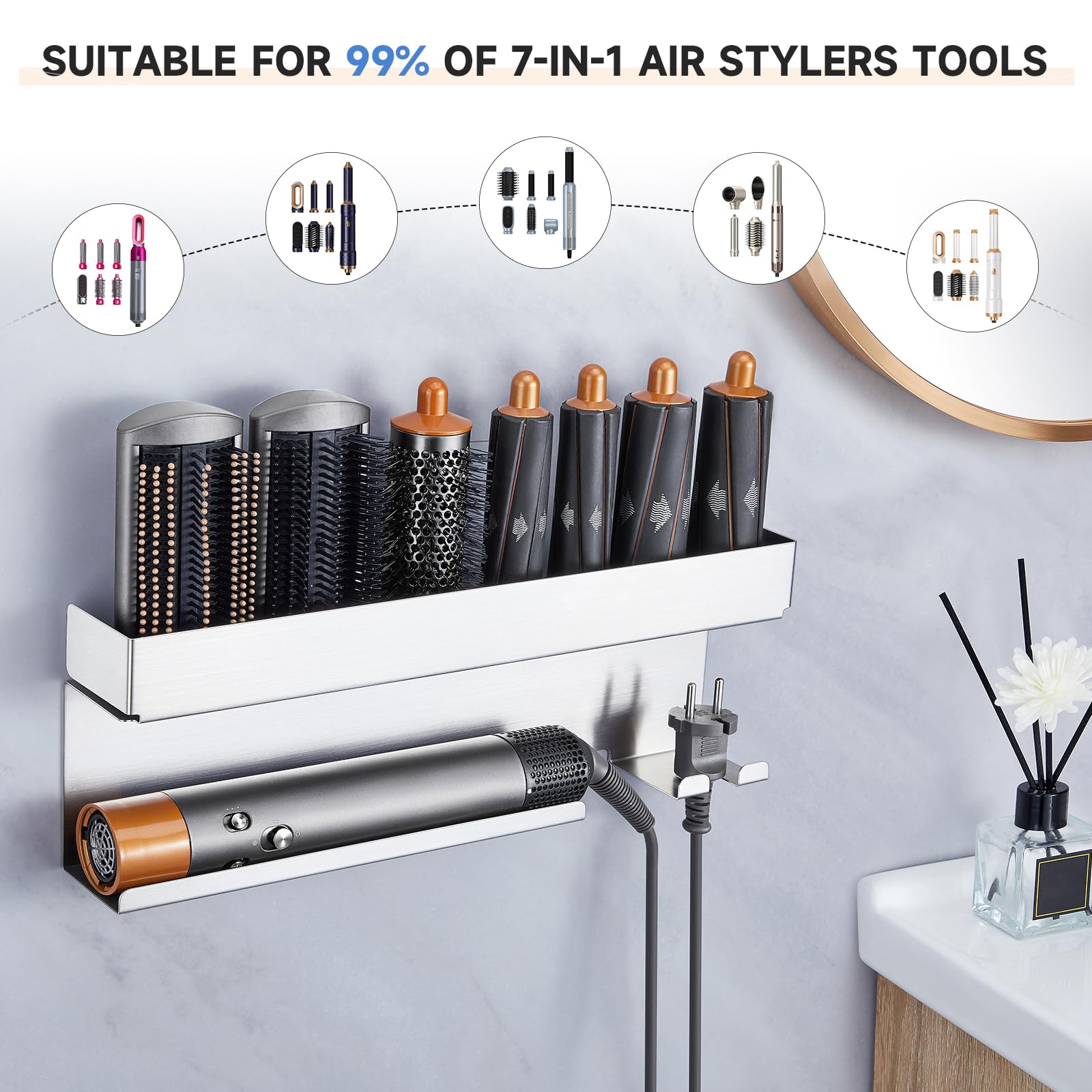 Stainless Steel Wall Mount Hair Tool Organizer - Hair Dryer Holder & Curling Iron Wand Accessories Storage for Bathroom | Perfect for Styler Attachments, Hair Straightener & Beauty Tools Organization