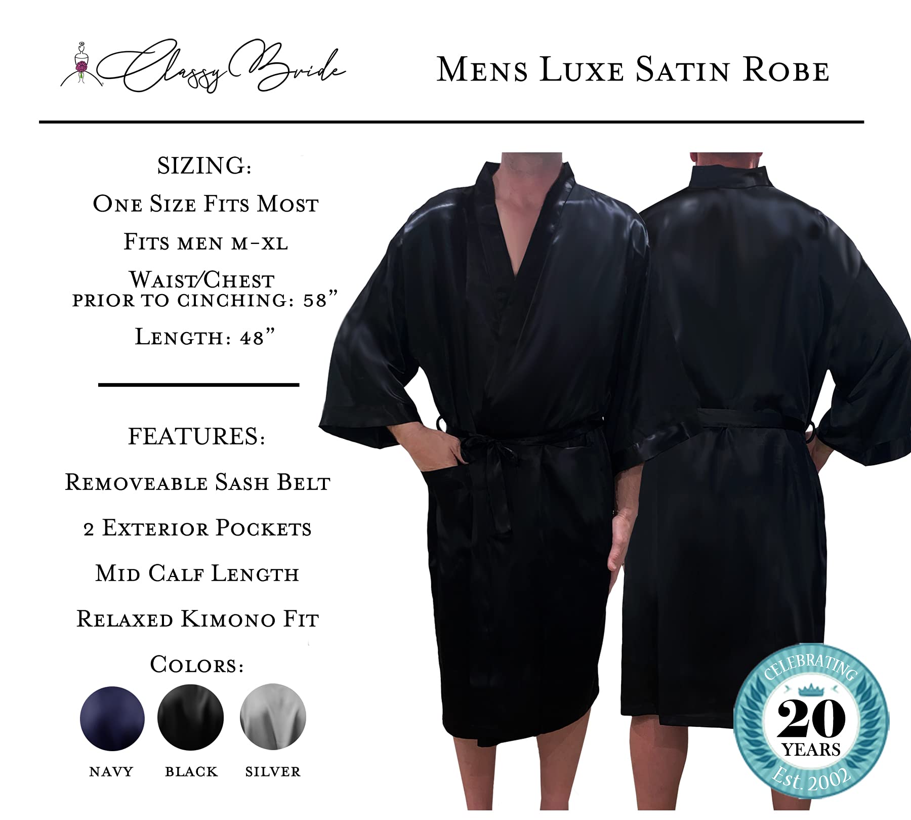 Luxury Satin Robes for Men - Elegant Groom Wedding Robe with Matching Belt, Perfect for Bridal Party, Honeymoon & Spa Relaxation (Classy Bride Collection)