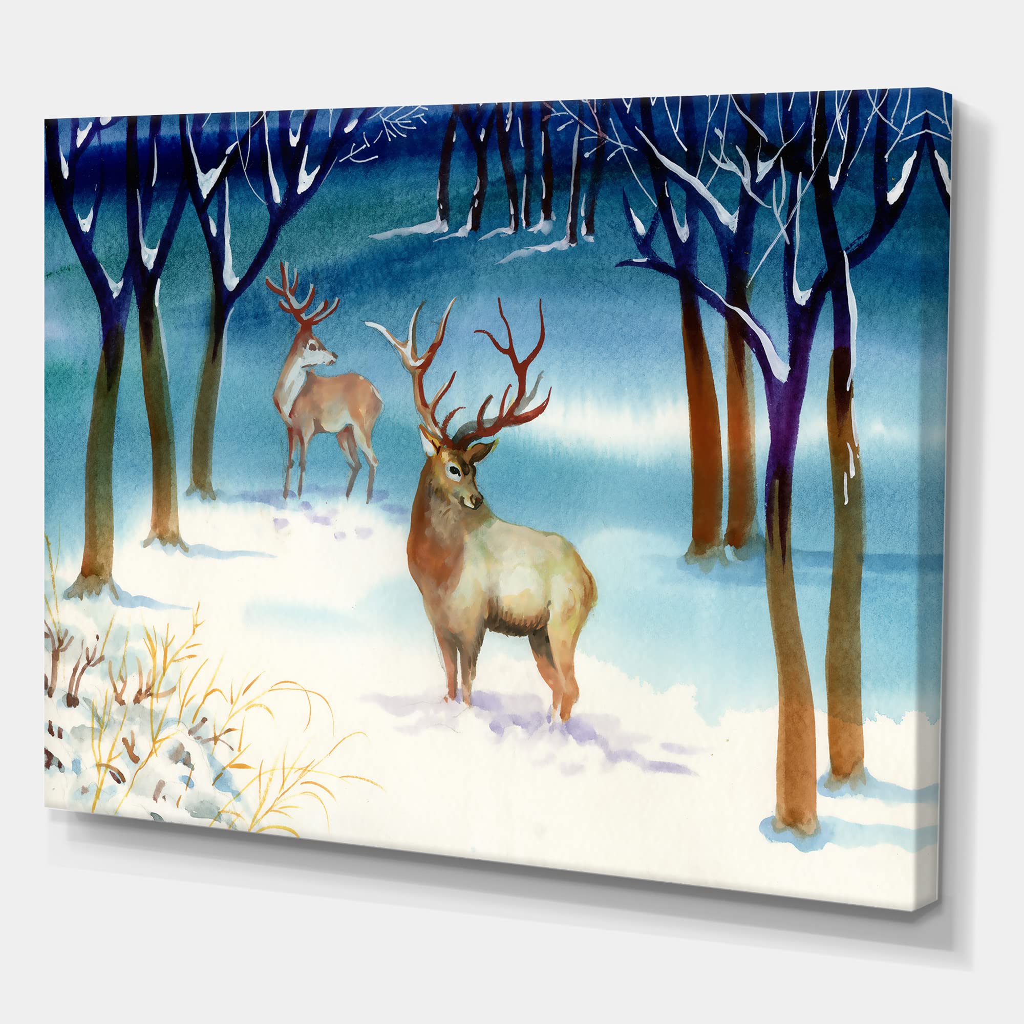 Winter Landscape with Deer Traditional Canvas Wall Art - Hand Painted Nature Scene for Living Room, Bedroom & Office Decor