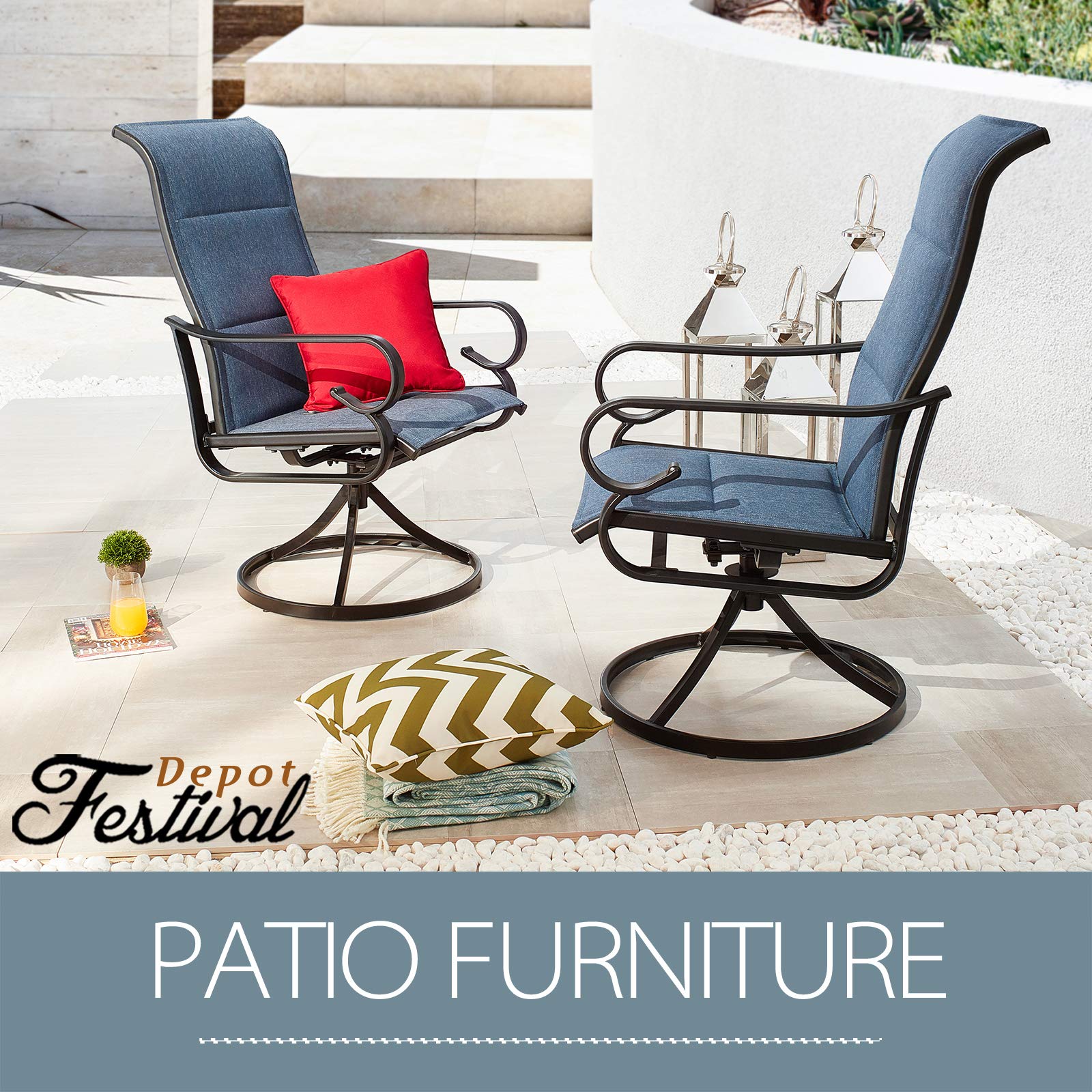 Festival Depot 2-Piece Patio Swivel Armchairs Set - Outdoor Dining Chairs for Bistro, Deck & Garden - Blue - Perfect for Backyard BBQs, Poolside Relaxation & Outdoor Entertaining