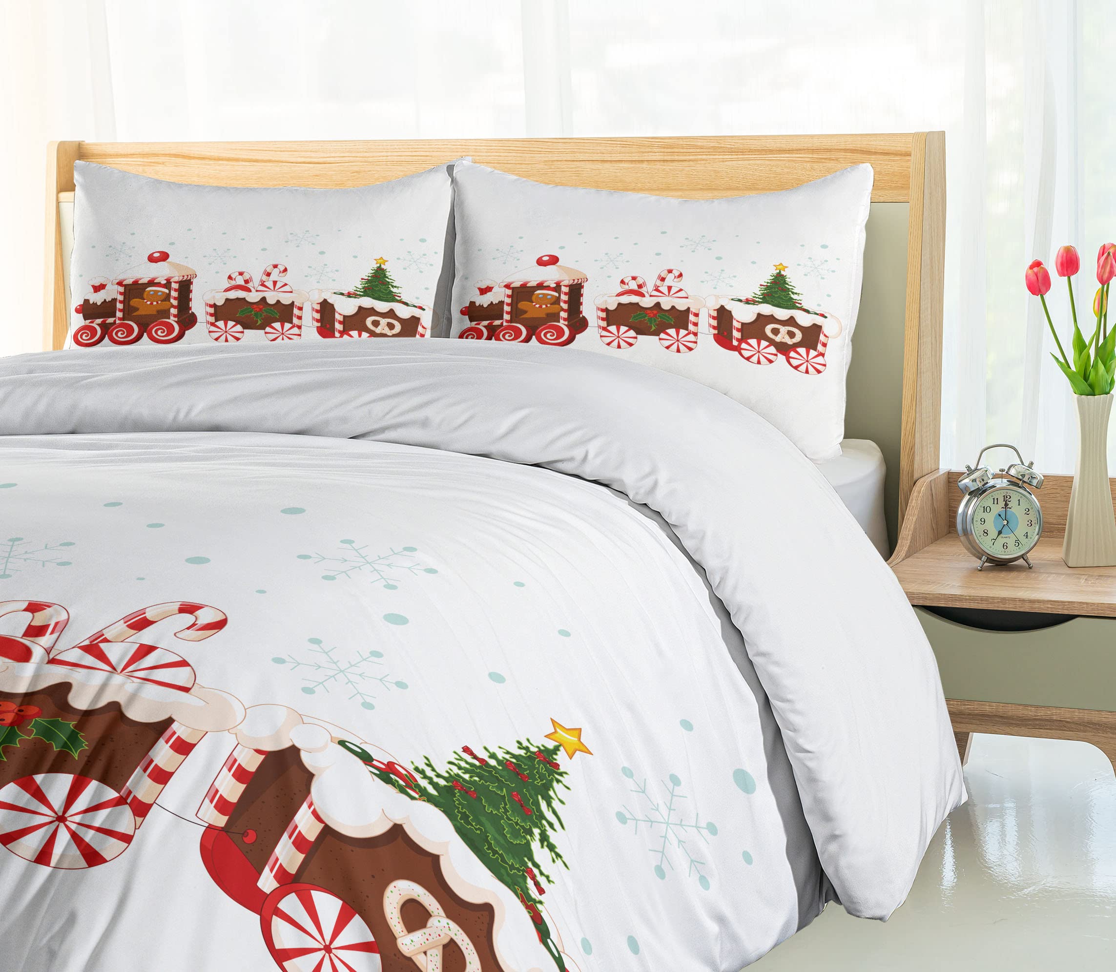 Ambesonne Christmas Duvet Cover Set 3-Piece - Train Gingerbread Cream Candy Cartoon Toys Snowflakes Presents Design - California King Size Bedding with 2 Pillow Shams - White Brown Vermilion Holiday Decor for Cozy Winter Bedrooms & Festive Home Styling