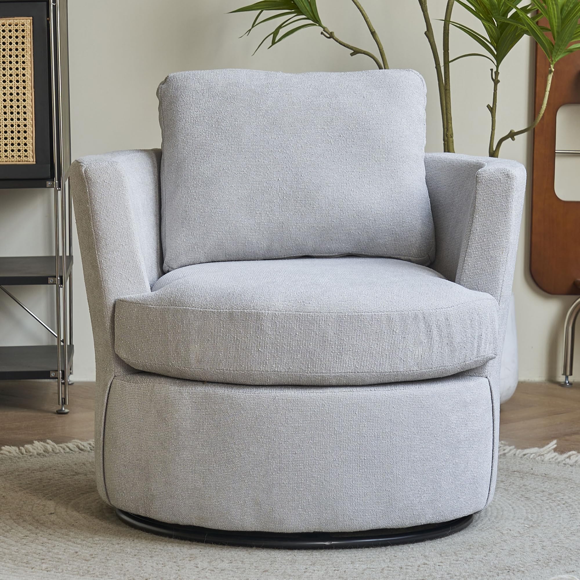 GNIXUU Modern Swivel Accent Chair - Round Barrel Chair with Pillows, Upholstered Armchair for Living Room, Bedroom, Nursery - Comfortable Single Sofa Chair (Grey) - Perfect for Reading Nooks, Home Offices & Small Spaces