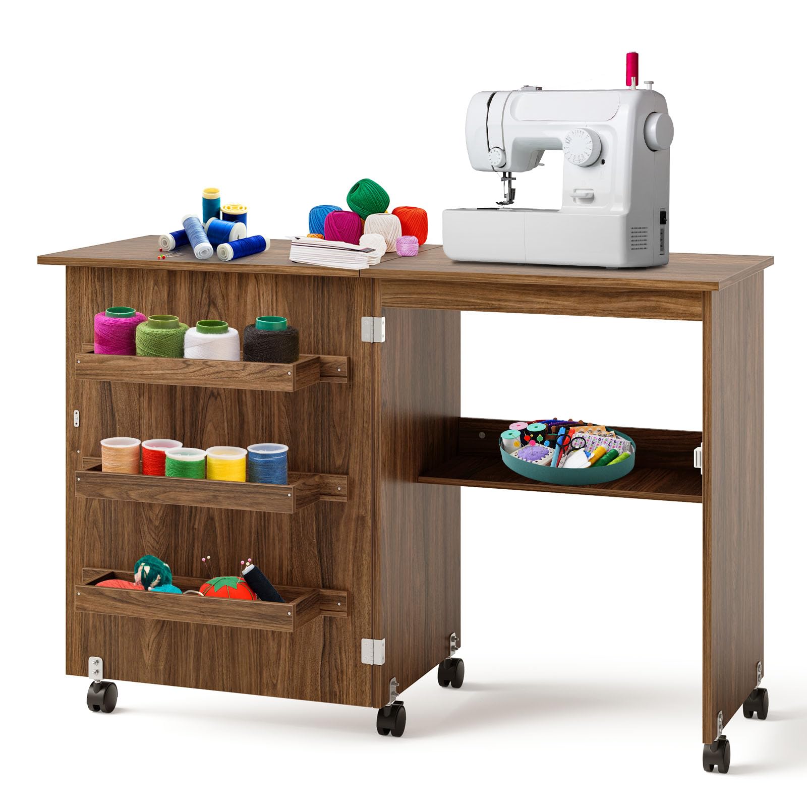 HOMGX Foldable Sewing Table with Storage - Multifunctional Craft Desk with Locking Wheels & Shelves - Space Saving Compact Design for Sewing, Quilting & DIY Projects - Brown Craft Station (16
