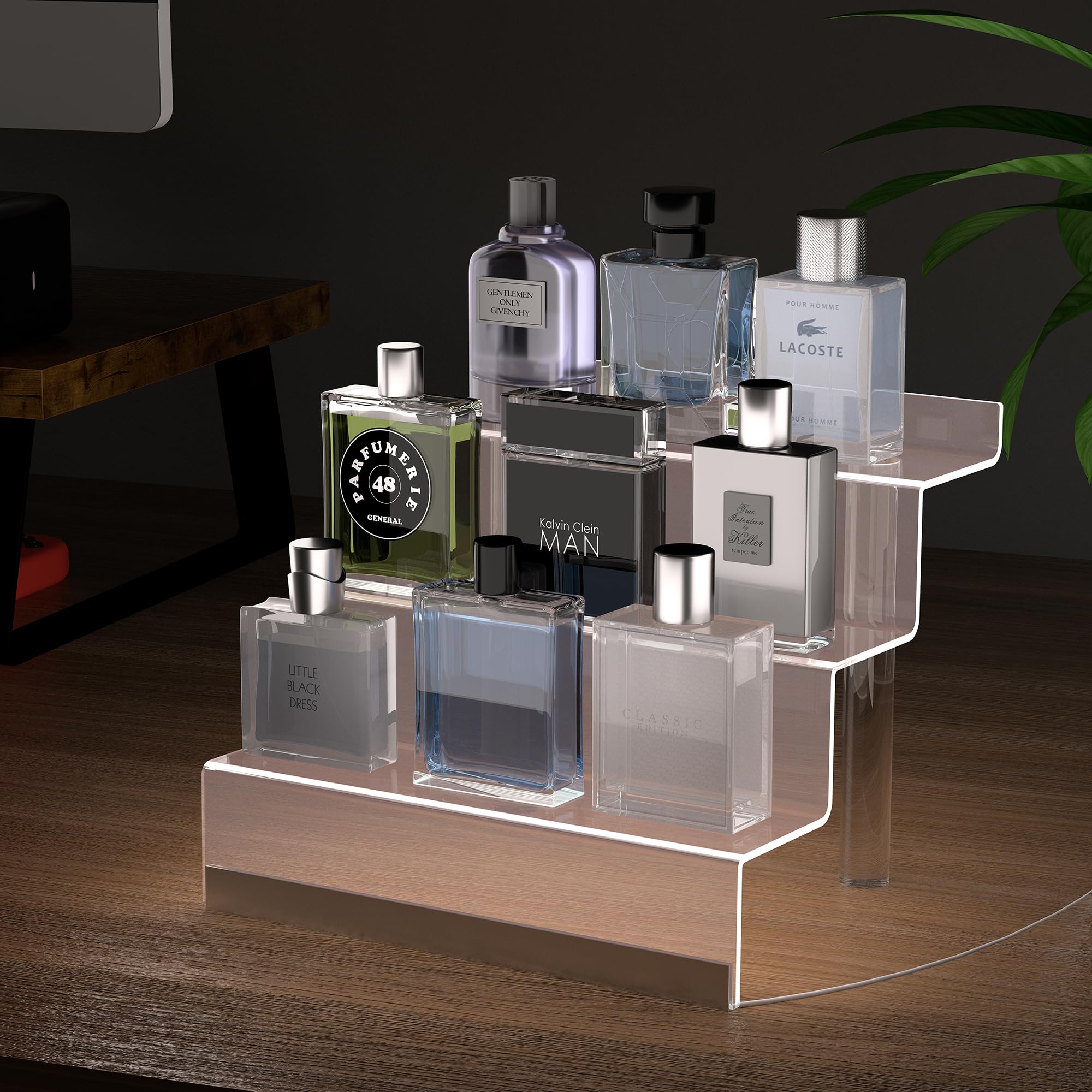 3-Tier Acrylic Perfume Display Stand with LED Lights - Clear Cologne Organizer for Men & Women, Multi-Purpose Shelf for Fragrances, Figures, Cupcakes & Desserts - Perfect for Vanity, Bathroom & Retail Store Displays