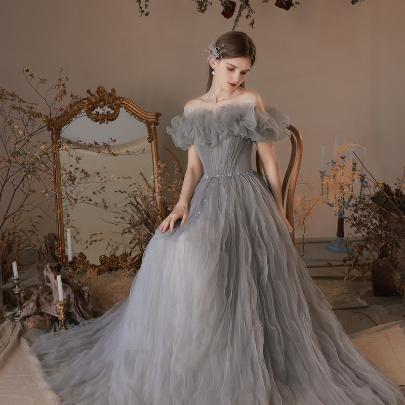 Elegant Gray Tulle Long Prom Dress with Off-Shoulder Neckline - Formal Evening Gown for Homecoming, Wedding Guest & Special Occasions