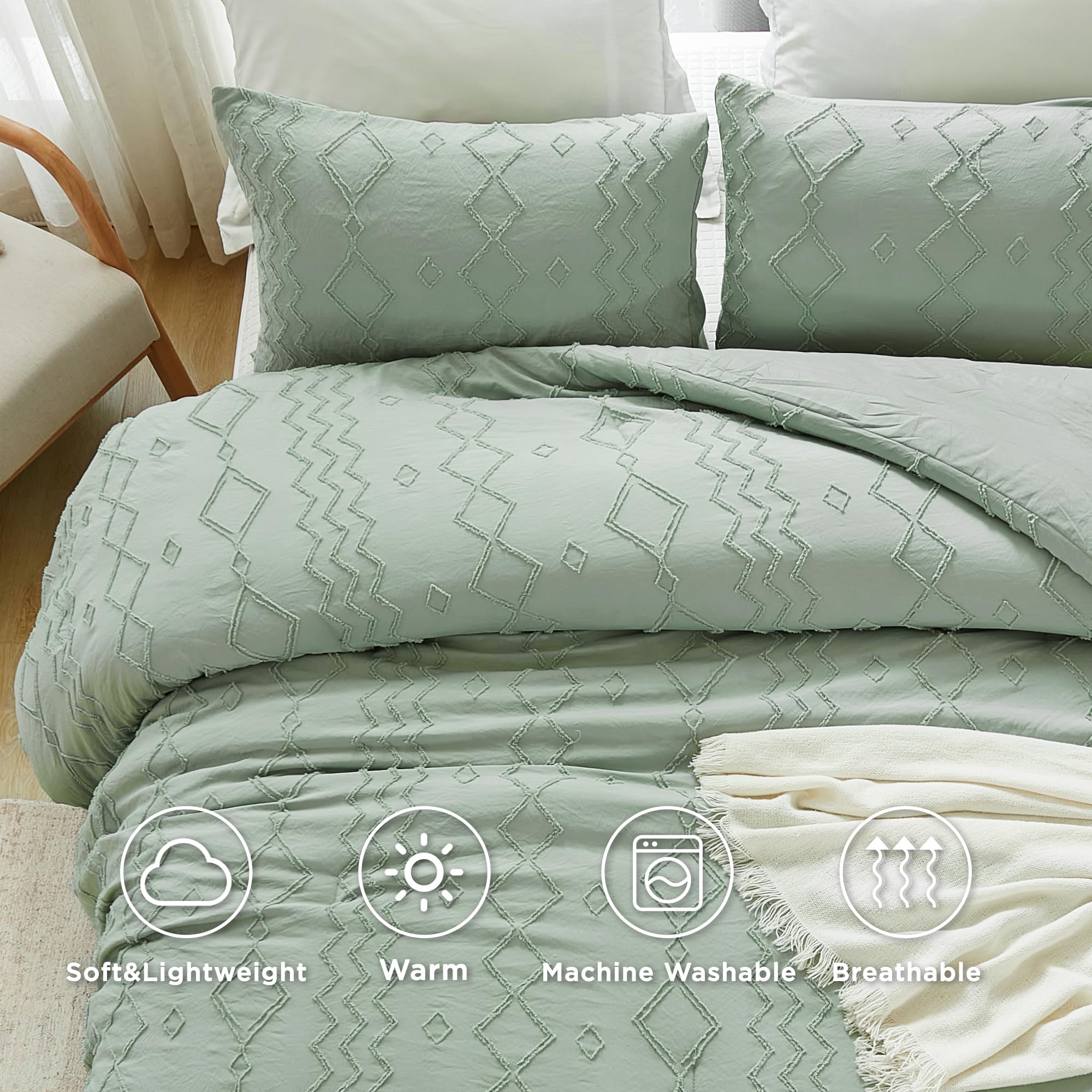 **Andency Sage Green Tufted Comforter Set Queen (90x90 Inch) – 3-Piece Boho Farmhouse Bedding with Microfiber Down Alternative, Geometric Design – Perfect for Cozy Bedrooms, Guest Rooms & Boho Chic Decor**