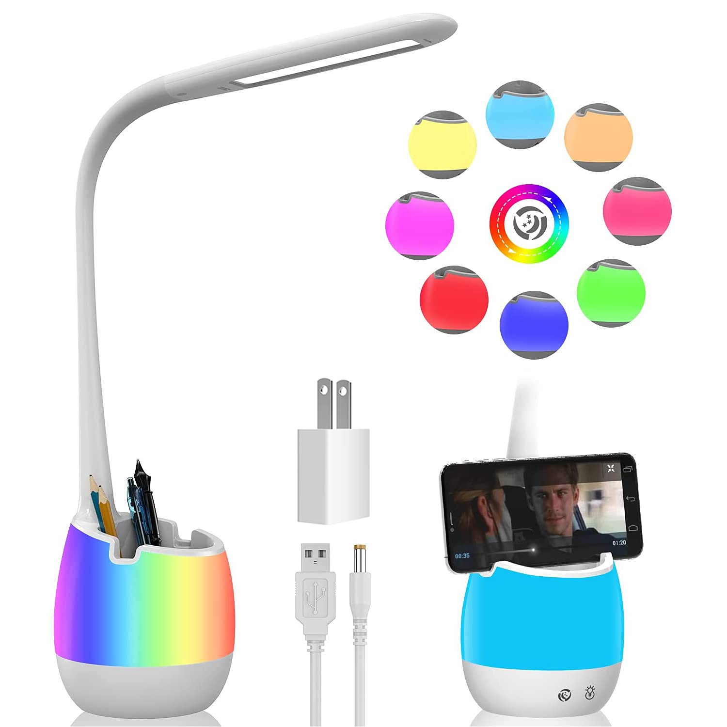 Rechargeable LED Desk Lamp with Pen Holder - Dimmable Flexible Gooseneck Study Light for Home & Office | Eye-Caring Night Light for Kids, Students | Perfect for Reading, Working & Bedside Use (White)