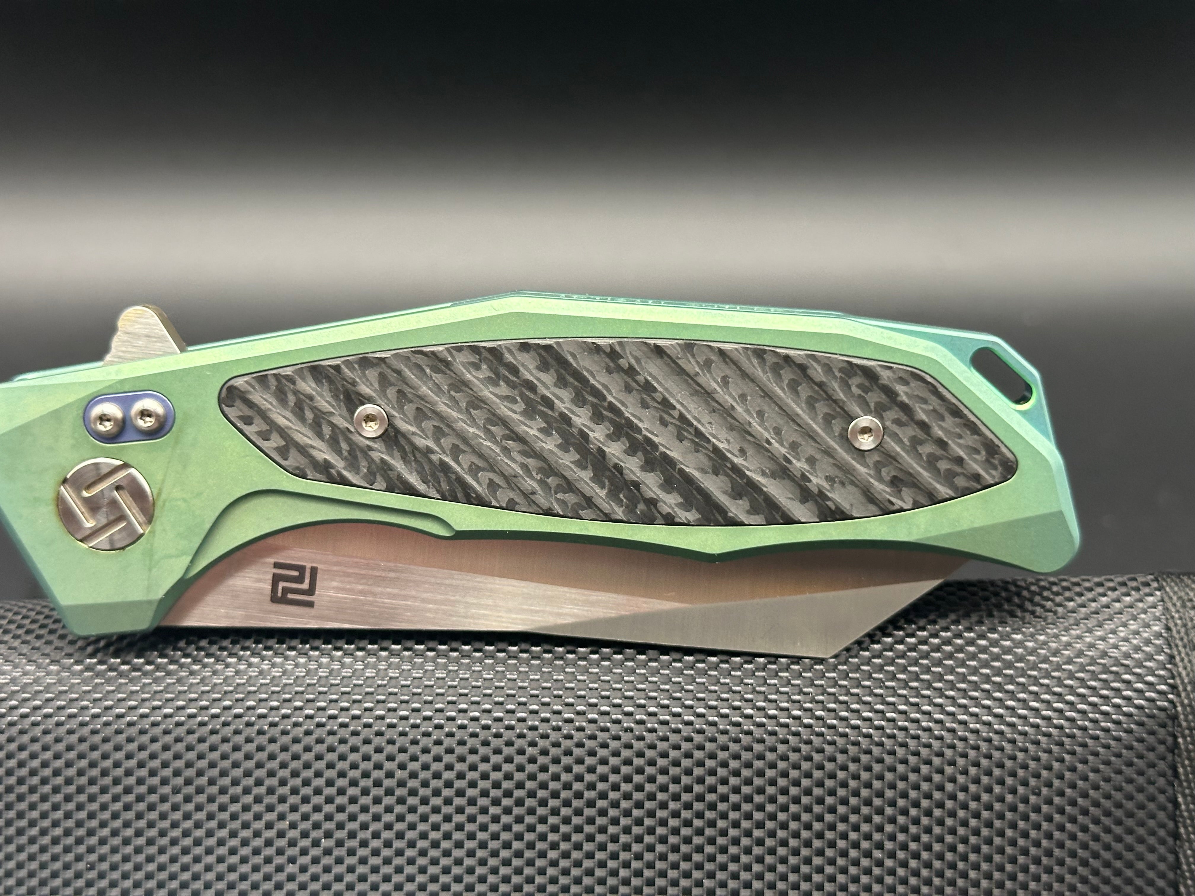 Artisan Cutlery Megahawk S35VN Wharncliffe Folding Knife - Premium Green Titanium Handles with Carbon Fiber Inlays - EDC, Outdoor, Camping & Survival Tool