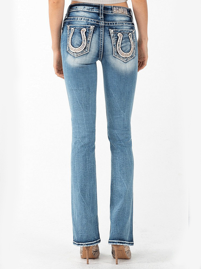 Miss Me M3853B Women's Mid Rise Bootcut Jeans with Horseshoe Design in Light Blue - Perfect for Casual Wear, Western Style Outfits & Everyday Comfort