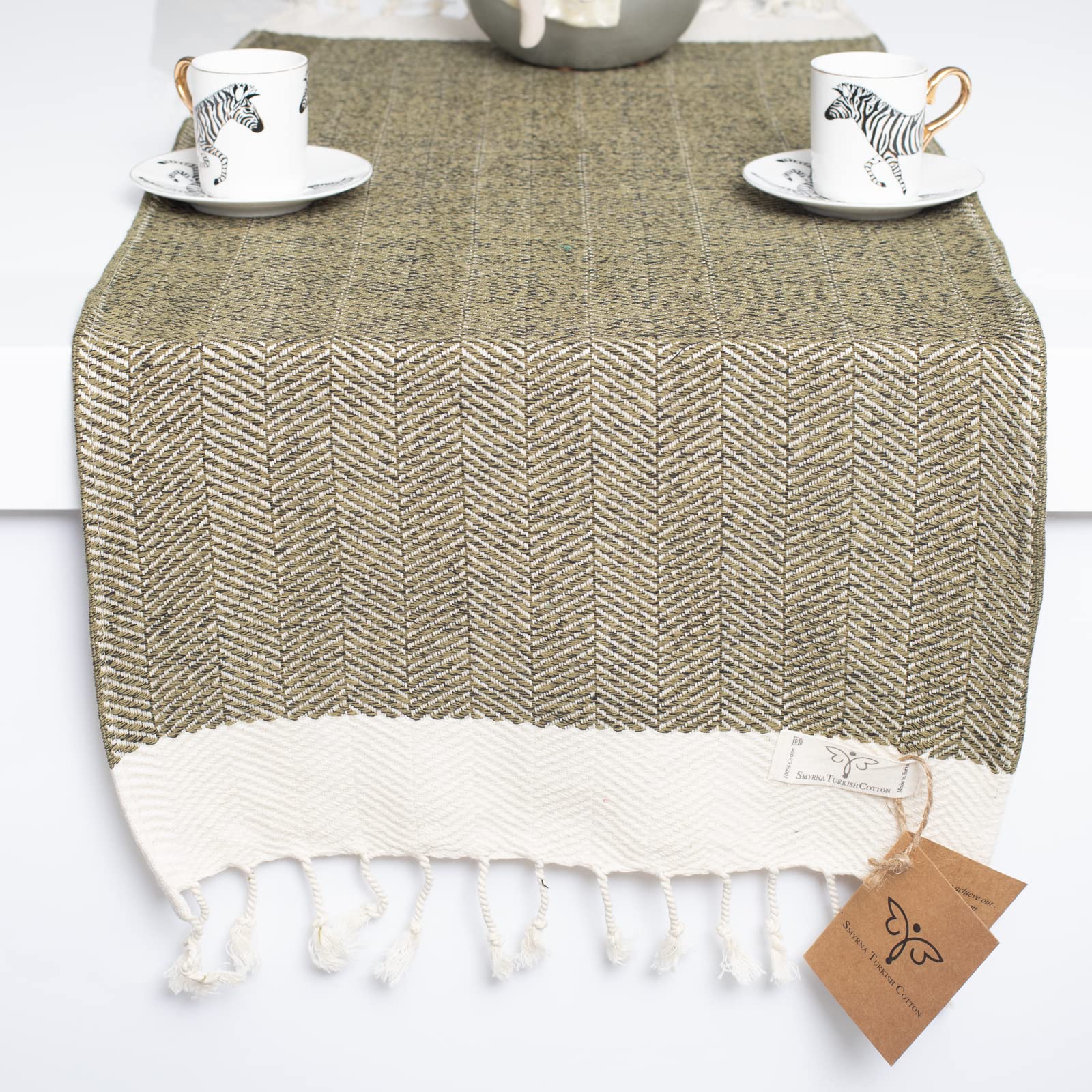 Turkish Table Runner - 100% Cotton Herringbone Design, 15x36 Inches - Vintage Farmhouse & Bohemian Style for Dining Table Decor, Wedding Centerpieces, and Rustic Home Accents (Army Green)