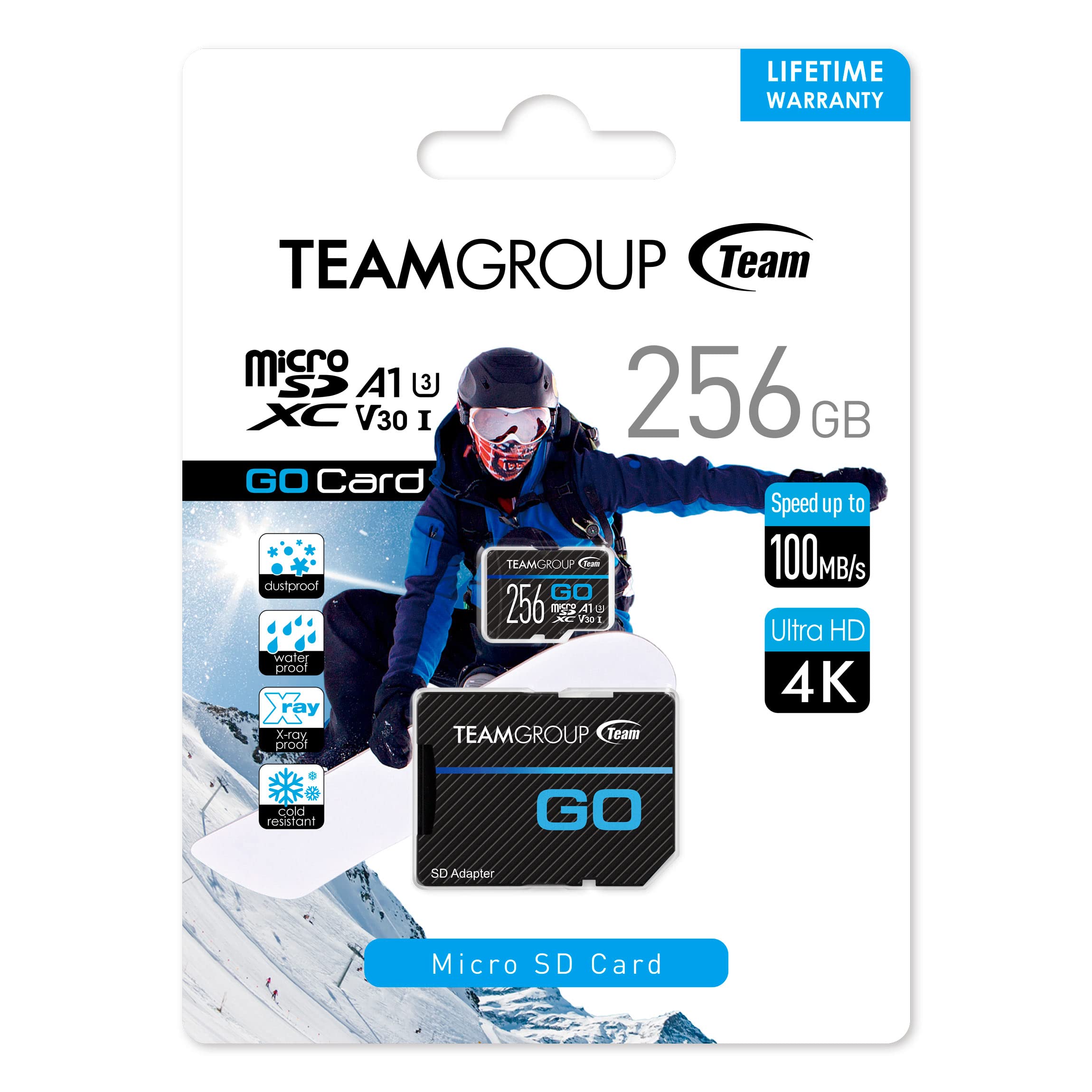 TEAMGROUP GO Card 256GB Micro SDXC UHS-I U3 V30 4K High Speed Memory Card with Adapter - Compatible with GoPro, Action Cameras, Drones & DSLRs - Perfect for Outdoor Sports, 4K Video Recording, Extreme Conditions & Travel Photography
