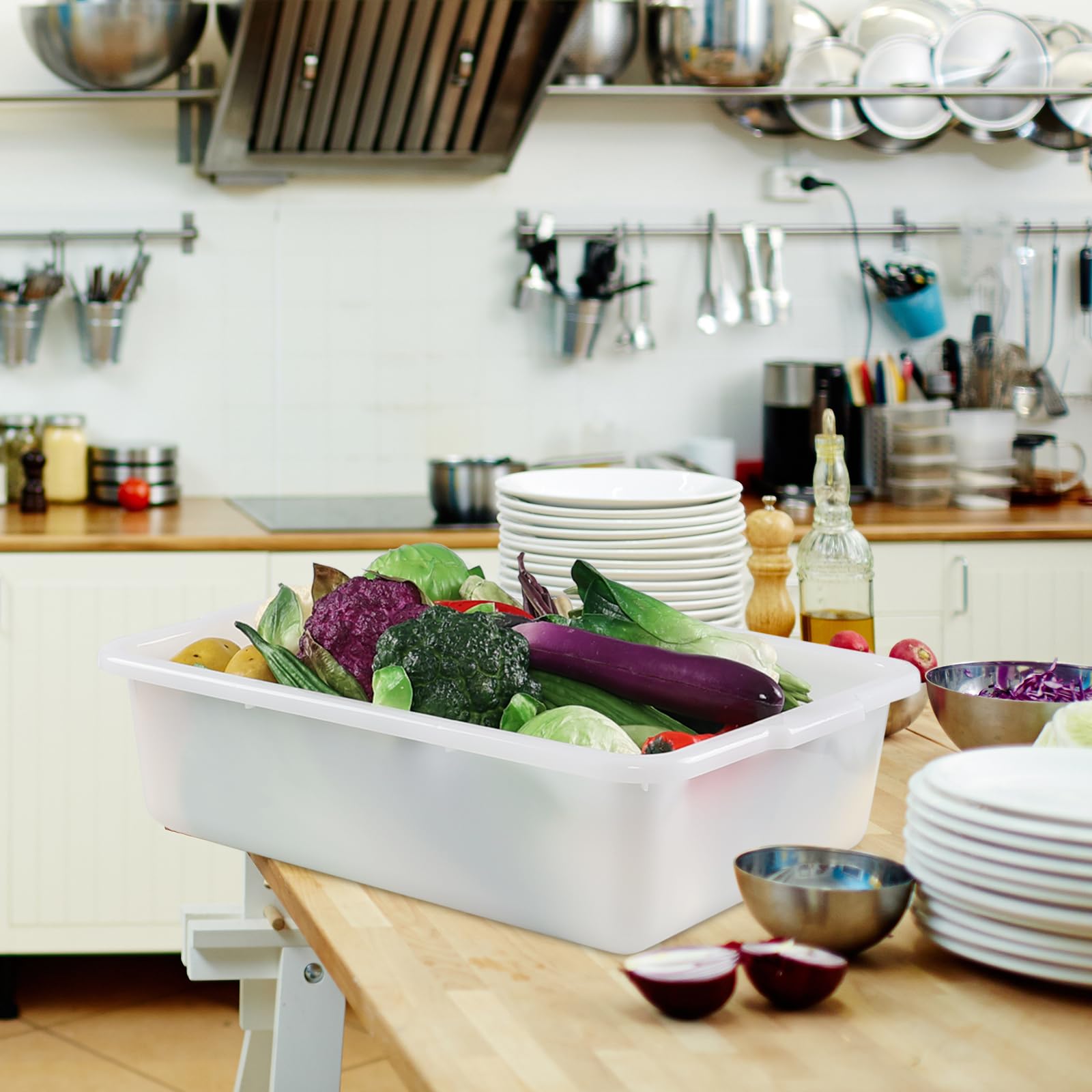 4-Pack 25L Commercial Bus Tubs - Heavy Duty White Plastic Storage Bins for Restaurant, Kitchen & Food Service Organization - Perfect for Dishwashing, Food Prep & Storage