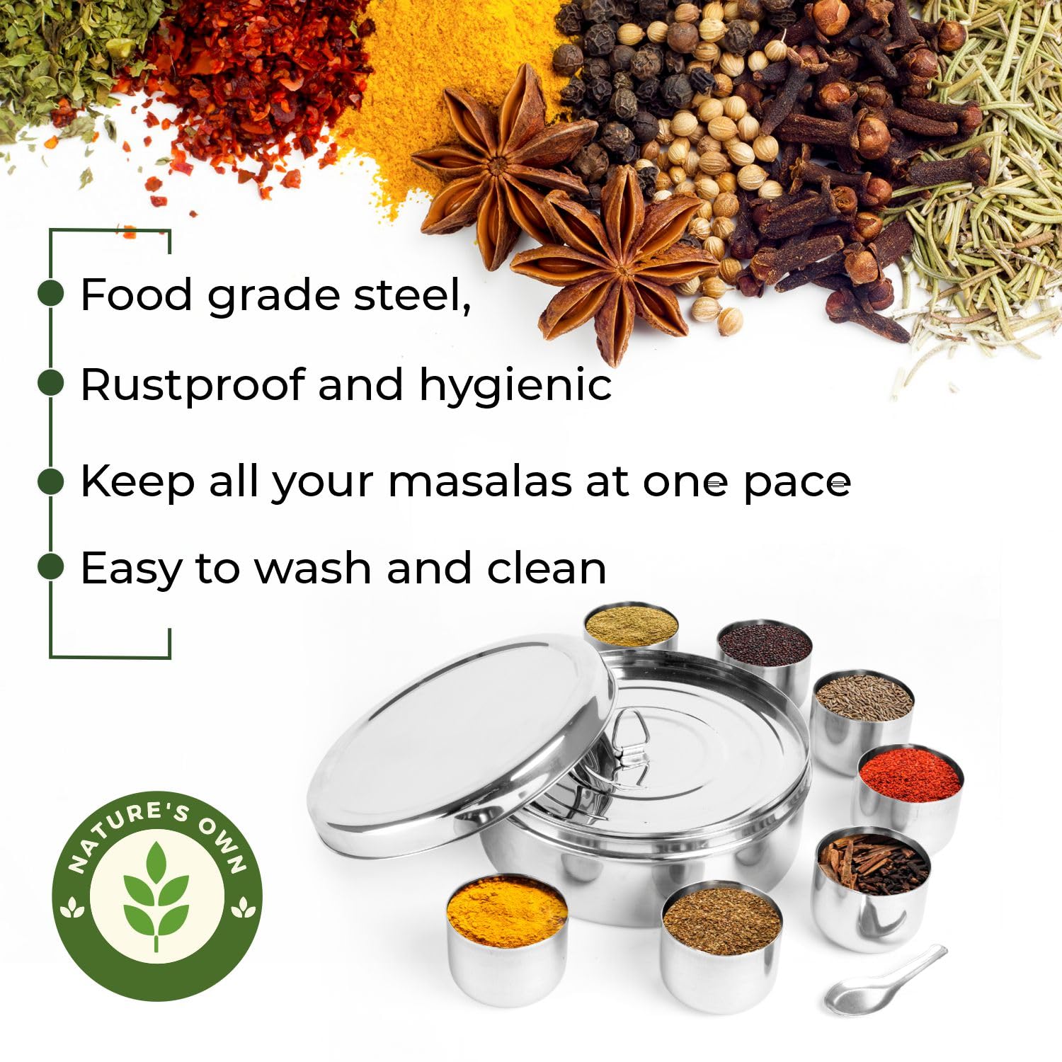 Premium Stainless Steel Spice Box with 7 Compartments & 2 Lids - Mirror Polish Masala Dabba with Individual Containers for Spices Storage | Durable 16CM Kitchen Organizer for Indian Cooking, Meal Prep & Spice Display