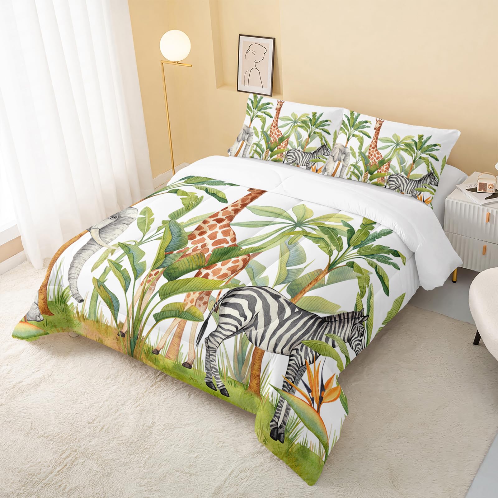 QOOMO Wild Animal Print Twin Size Comforter Set - Elephant Giraffe Zebra Design, 3 Piece Kids Bedding with 2 Pillowcases, Soft Lightweight Down Alternative for All Seasons | Perfect for Nursery, Kids Room Decor & Cozy Bedtime