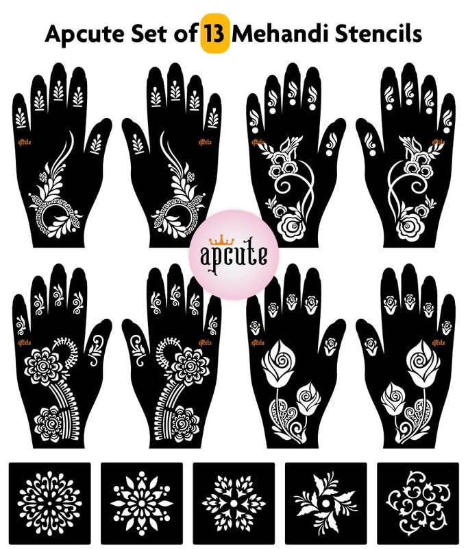 APCUTE 13-Piece Mehendi Stencil Kit | Temporary Henna Tattoo Stickers for Full Hand Designs - Easy 4-Step Application for Women & Girls | Perfect for Weddings, Festivals, and Cultural Celebrations