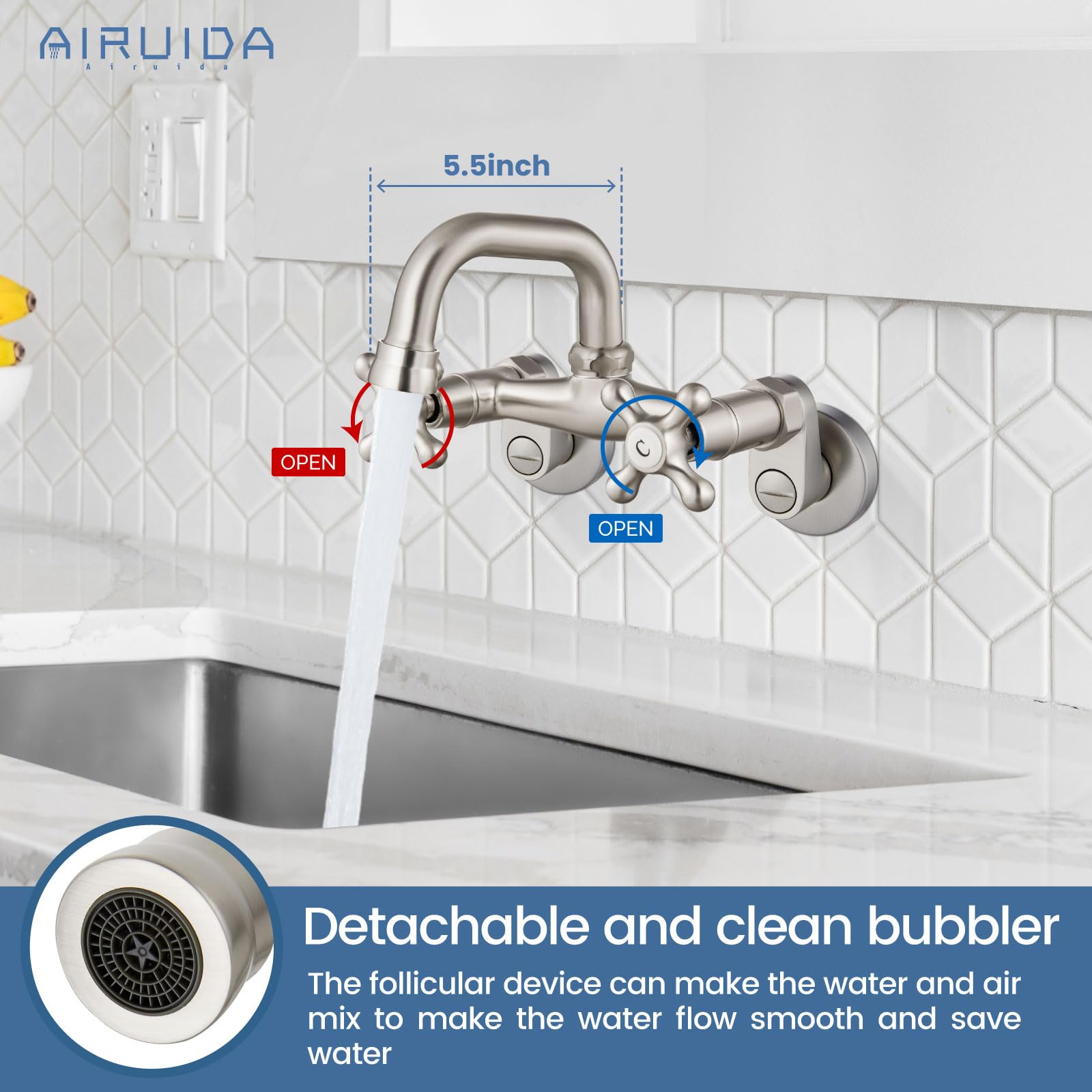 Brushed Nickel Wall Mount Kitchen Faucet - 4 Inch (10cm) Spout Reach, Adjustable Center Double Cross Handles, 360° Rotatable - Perfect for Laundry Sinks, Restaurants & Commercial Use