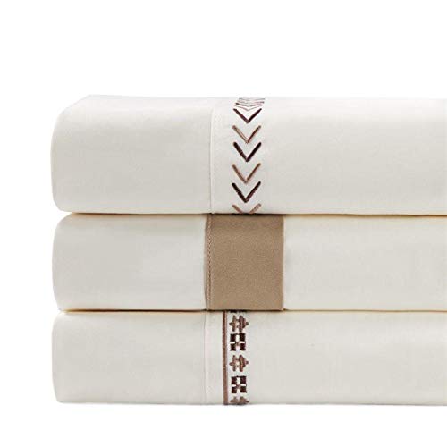 Premium 350 Thread Count Queen Sheet Set - 4 Piece White & Gray Flange Border Cotton Bedding (1 Flat Sheet, 1 Fitted Sheet, 2 Pillowcases) | Modern Luxury Bedroom Decor for Master Suite, Guest Room & Hotel Style Comfort