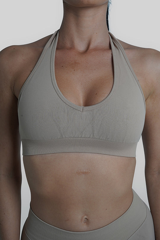 RECOIL HALTER CROP TOP - LATTE COLOR - Women's Fashion Workout & Yoga Top for Gym, Running, and Casual Wear