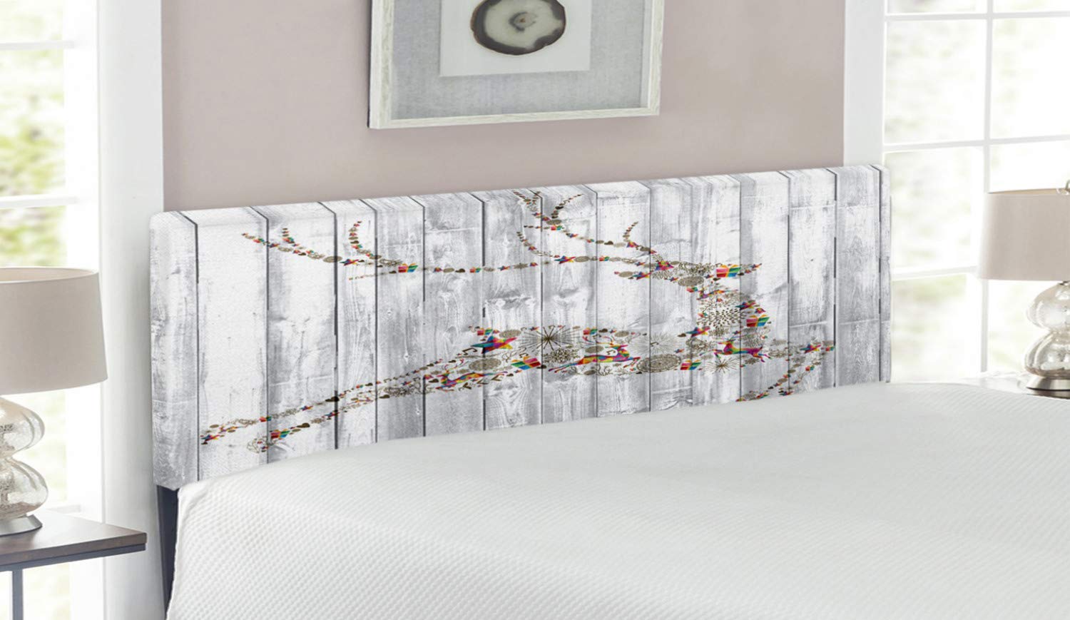 Ambesonne Queen Size Upholstered Deer Headboard - Colorful Animal Silhouette with Christmas Elements & Wooden Plank Design, Grey Multicolor Decorative Metal Bed Headboard with Memory Foam | Perfect for Bedroom Decor, Holiday Themed Rooms & Cozy Home Styling