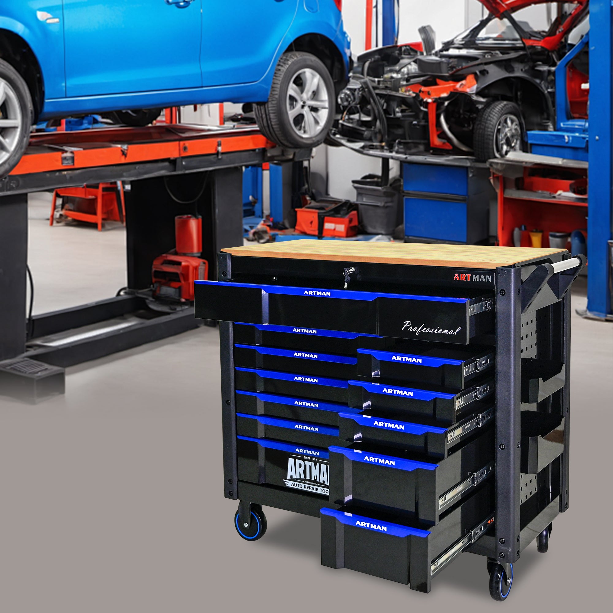 12-Layer Multi-Purpose Rolling Tool Cart with Wooden Countertop - Perfect for Garage, Workshop, and Home Organization