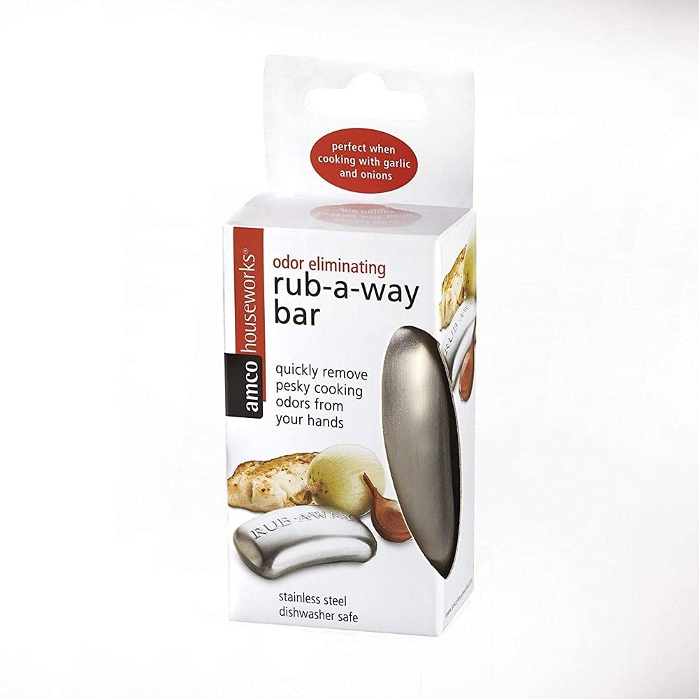 Amco Houseworks Rub-A-Way Bar Stainless Steel Odor Remover for Hands - Eliminate Garlic, Fish & Onion Smells - Perfect for Kitchen, Cooking & Food Prep
