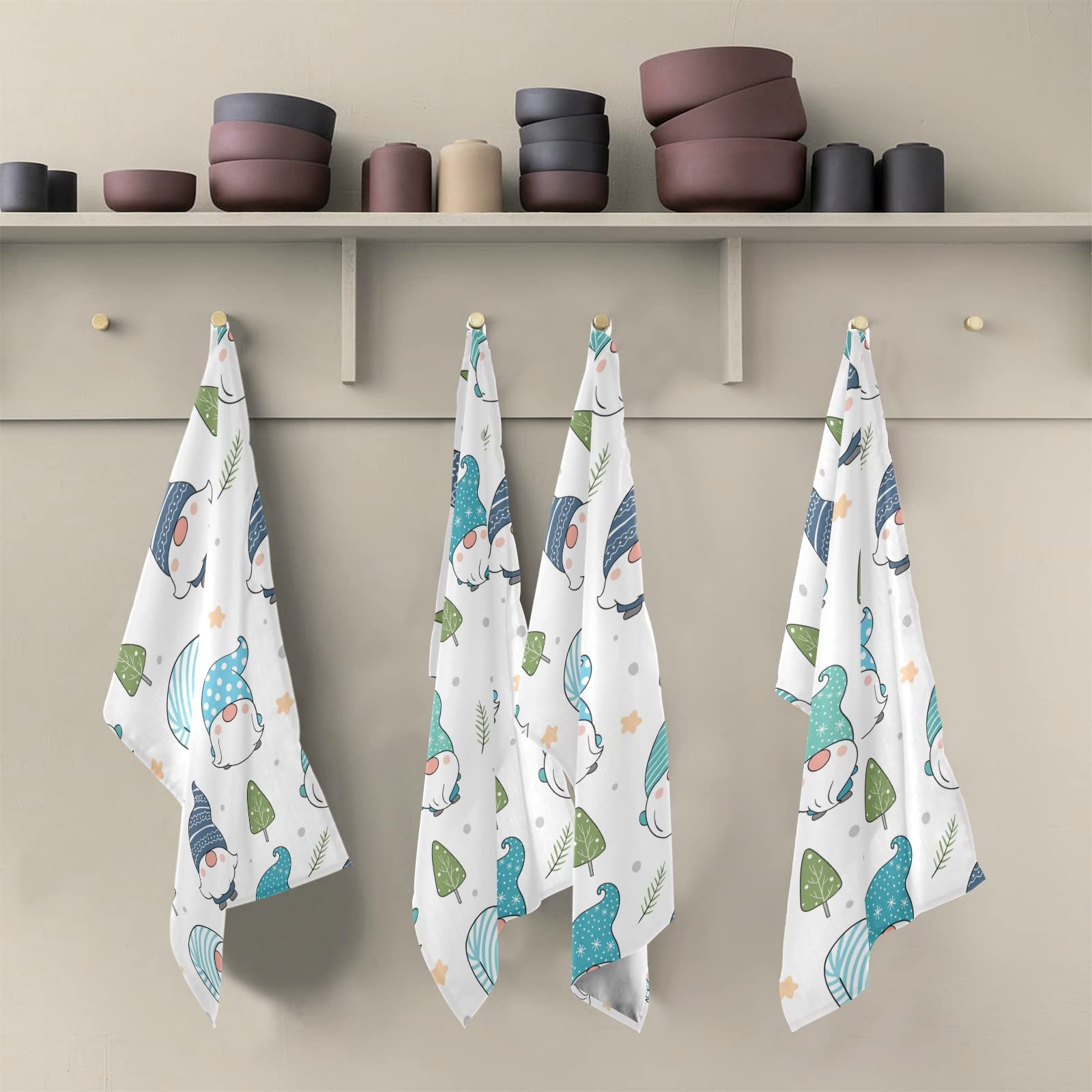 Adorable Christmas Winter Snow Gnomes Kitchen Dish Towels Set of 4 - Polyester Terry Cloth with Green Leaves Design, Hemmed Edges & Hanging Loop - Perfect for Holiday Decor, Dish Drying, Hand Towels & Tea Towels